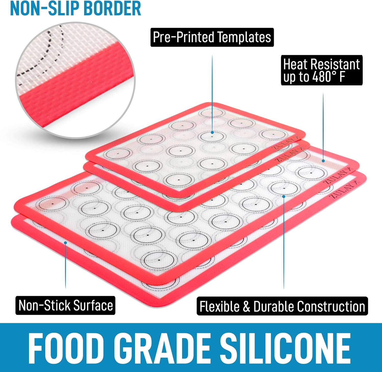 NON-SLIP BORDER

Pre-Printed Templates

Heat Resistant up to 480° F

Non-Stick Surface

Flexible & Durable Construction

FOOD GRADE SILICONE