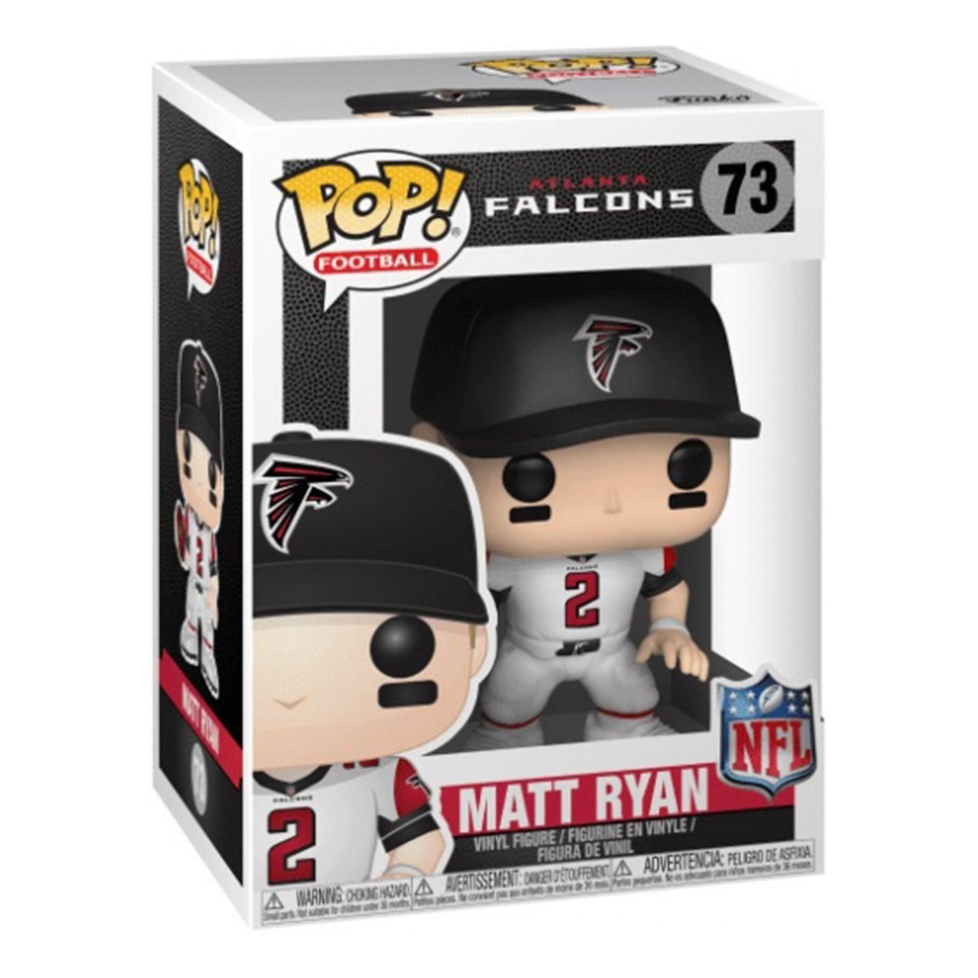 Sure, here is the corrected and grouped text from the image:

---

**Top Left:**
- POP! FOOTBALL

**Top Center:**
- ATLANTA FALCONS
- 73

**Center:**
- MATT RYAN
- VINYL FIGURE / FIGURINE EN VINYLE / FIGURA DE VINIL

**Bottom Center:**
- 2

**Bottom Left:**
- WARNING: CHOKING HAZARD - Small parts. Not for children under 3 years.
- AVERTISSEMENT: PELIGRO DE ASFIXIA - Pequeñas piezas. No es adecuado para menores de 3 años.
- ADVERTENCIA: PELO DE ASFIXIA - Pequeñas piezas. No es adecuado para menores de 3 años.

**Bottom Right:**
- NFL

**Bottom Center (on the figure):**
- 2

---