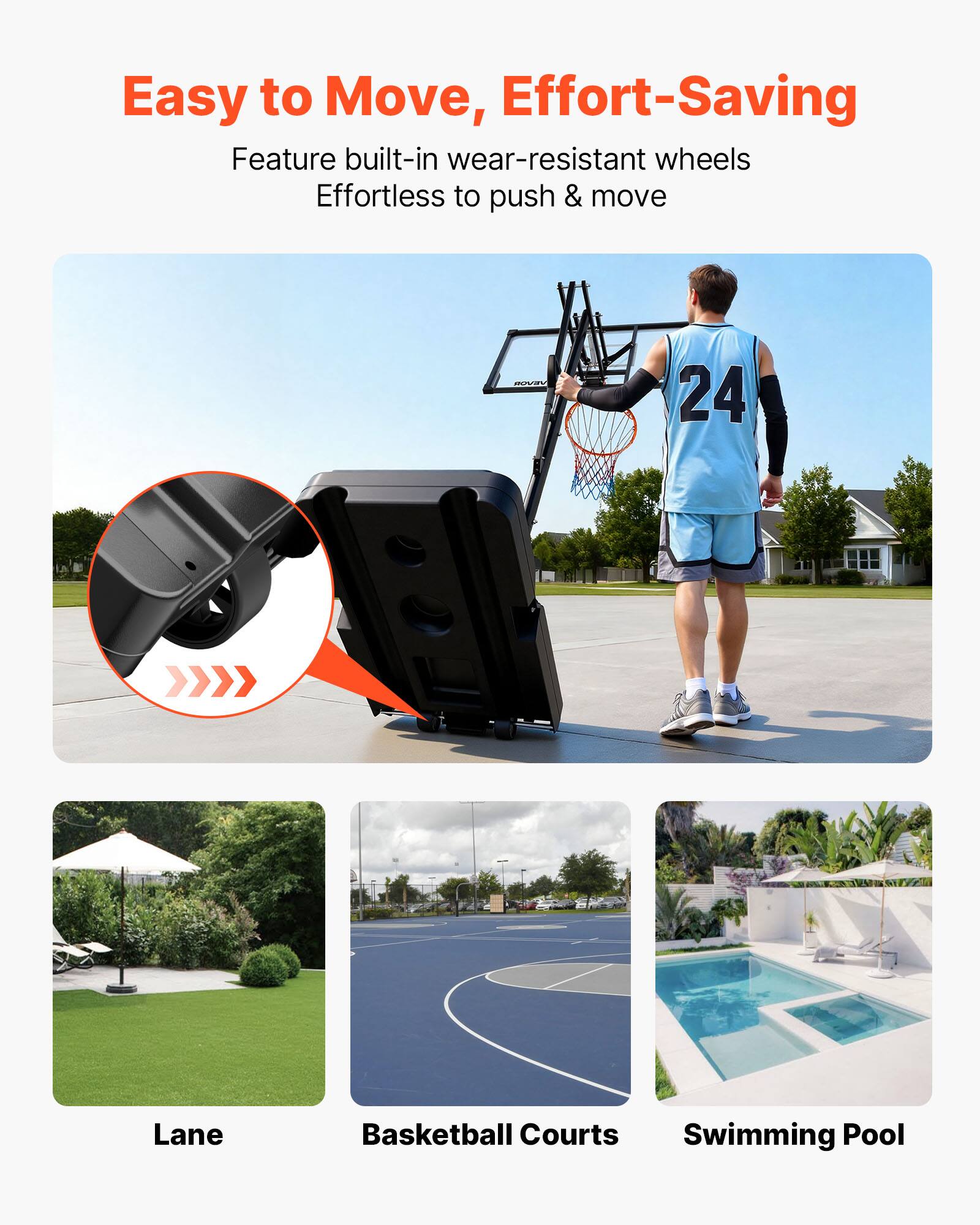 Easy to Move, Effort-Saving  
Feature built-in wear-resistant wheels  
Effortless to push & move  

24 Lane Basketball Courts Swimming Pool