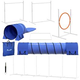 Pawhut - 7 Piece Dog Agility Equipment, Starter Kit, Tunnels, Weave Poles, Hurdles, Ring, Pause Box, Whistle - Blue