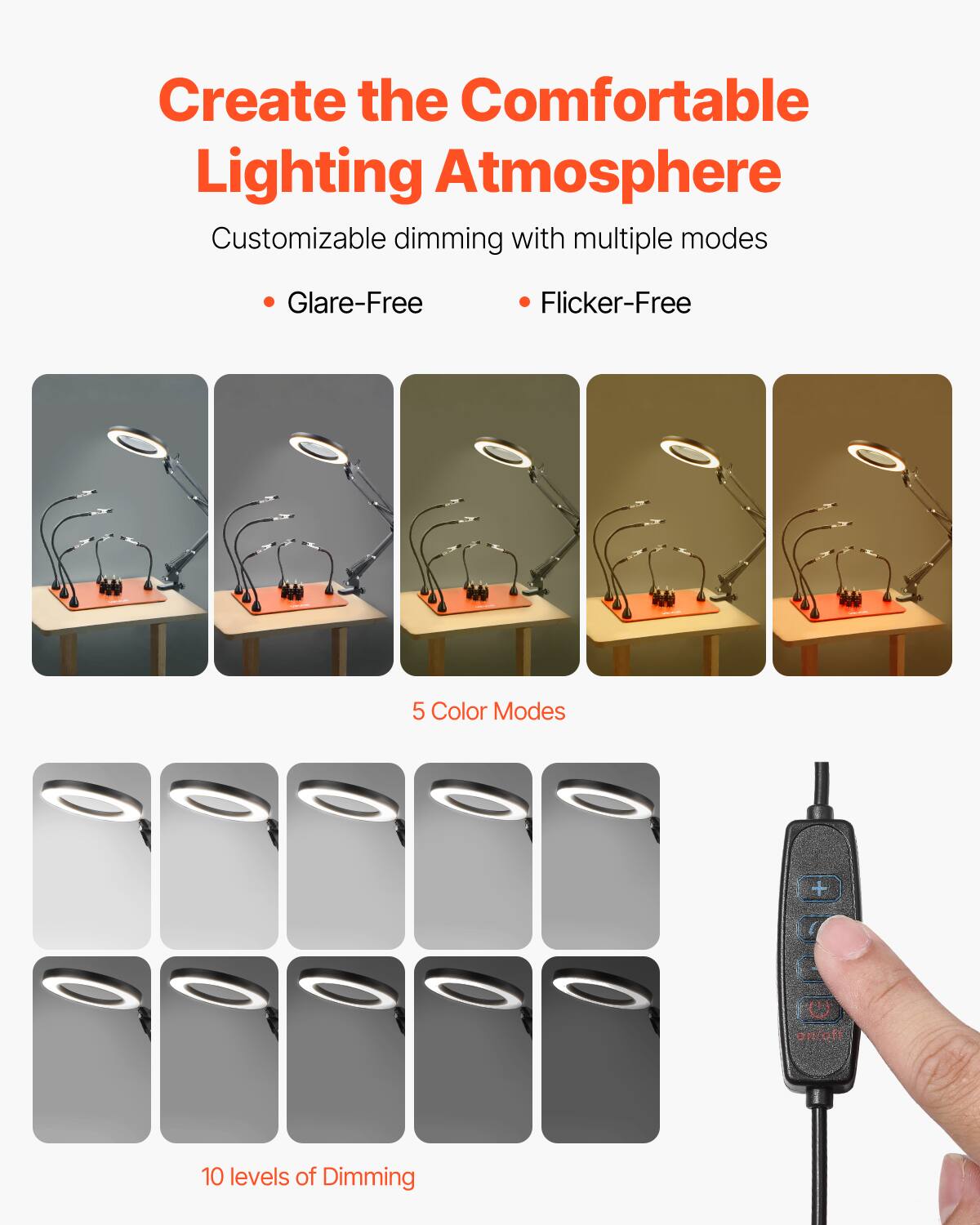 Create the Comfortable Lighting Atmosphere

Customizable dimming with multiple modes

- Glare-Free
- Flicker-Free

5 Color Modes

10 levels of Dimming
