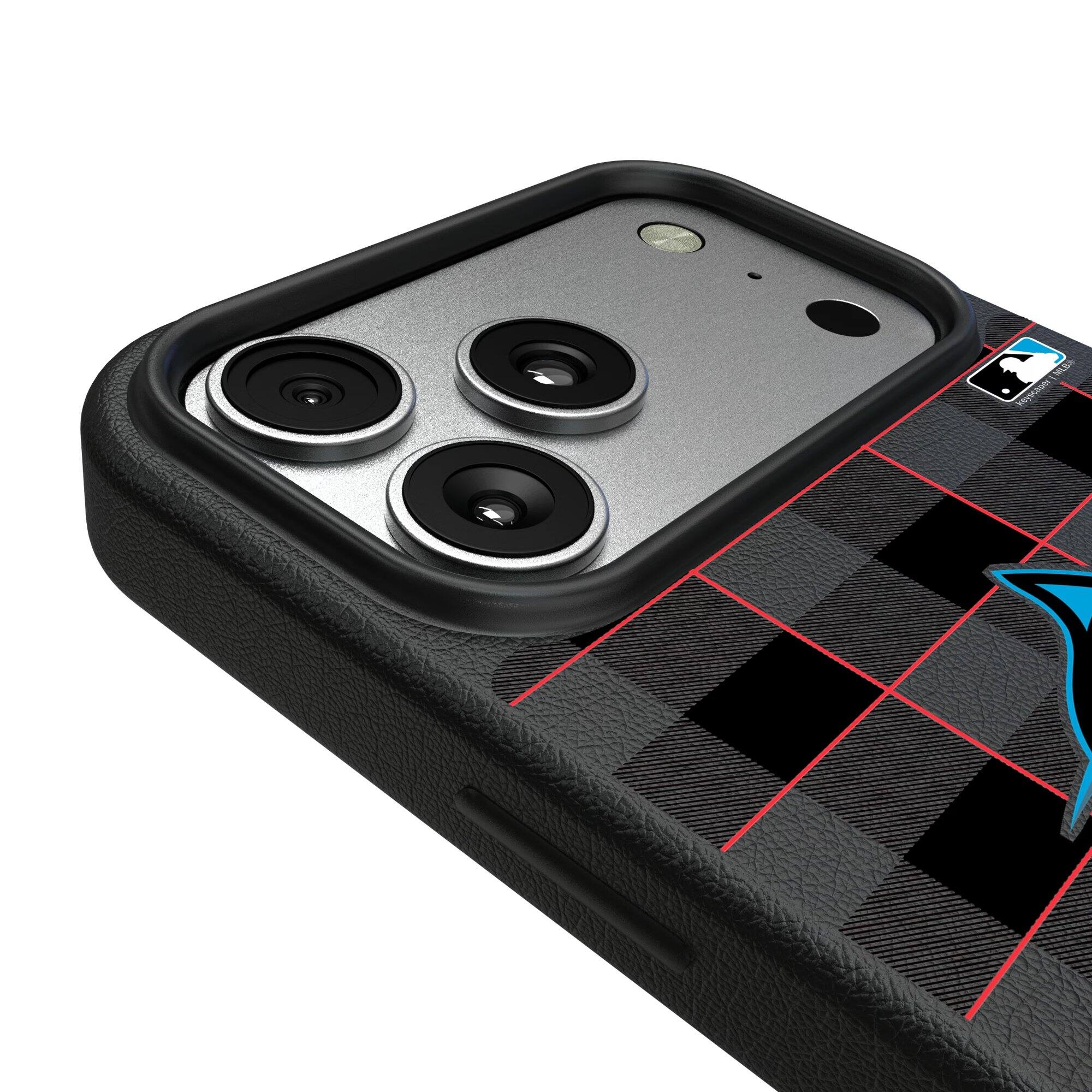 Alt View 2. Keyscaper - Miami Marlins Plaid Magnetic Bump iPhone Case - 15 Plus - Black.