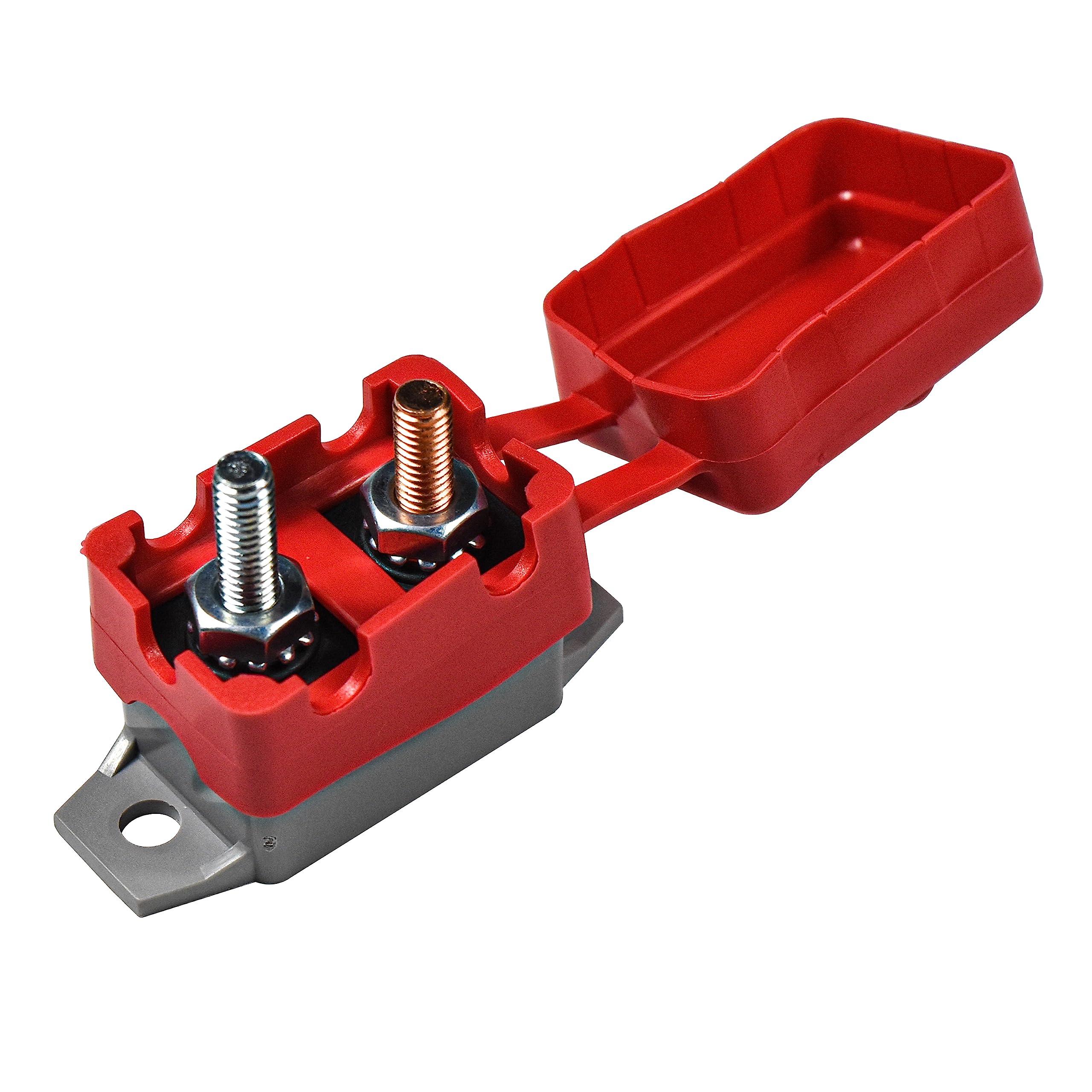 Angle. HQRP - 50 A 12 V-24 V DC Automatic Reset Circuit Breaker with Cover - Type 1 Thermal, UL Listed - red.