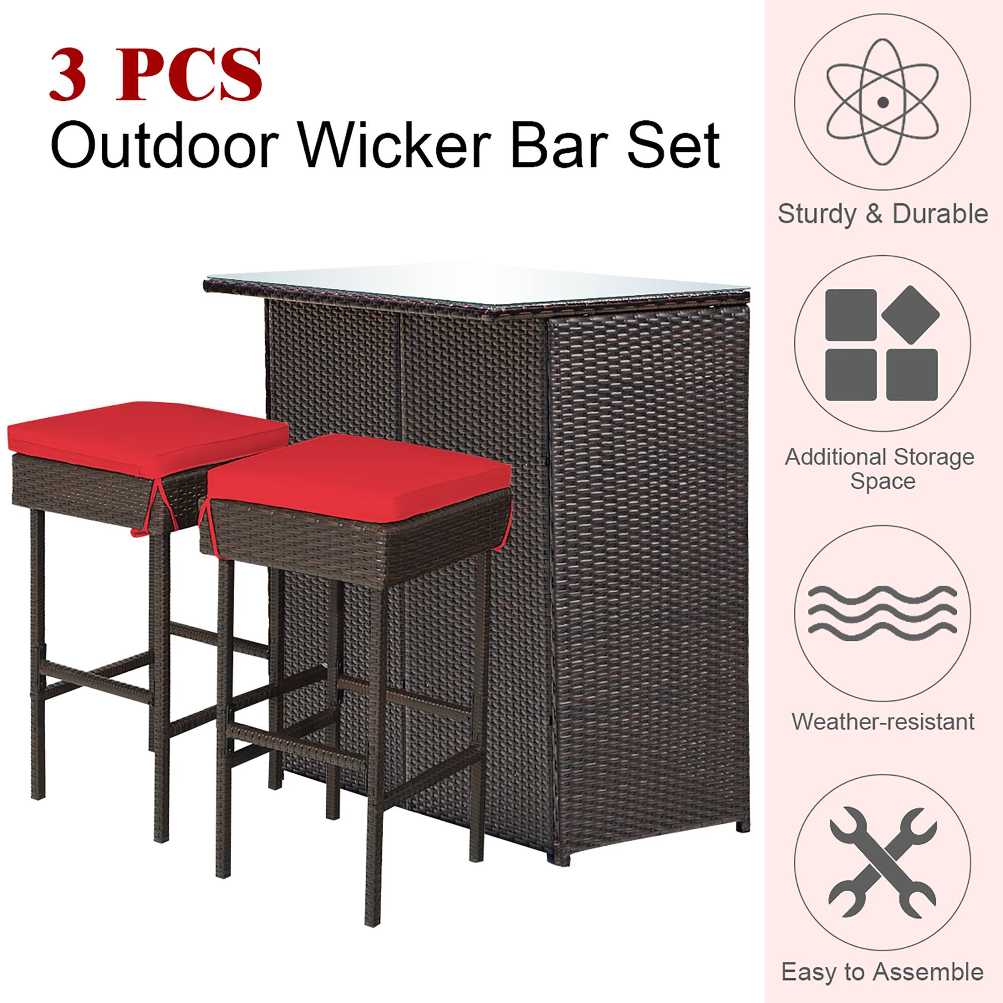 3 PCS Outdoor Wicker Bar Set: Sturdy & Durable, Additional Storage Space, Weather-resistant, Easy to Assemble