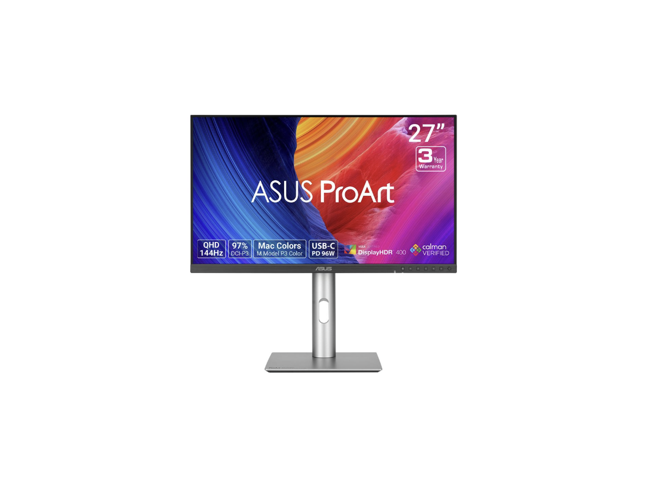 27" 3 Year Warranty ASUS ProArt  
QHD 97% Mac Colors USB-C 144Hz DCI-P3 M Model P3 Color PD 96W  
VESA INITION DisplayHDR 400  
calman VERIFIED