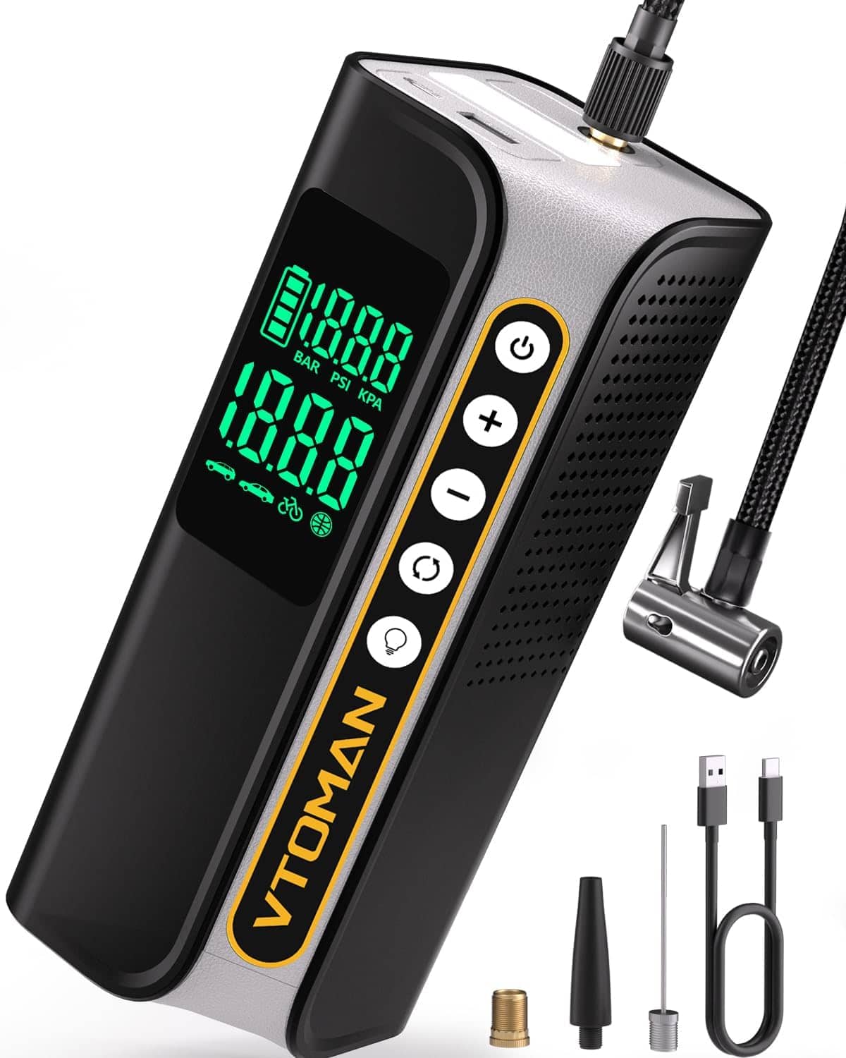 VTOMAN - X6 Pro Tire Inflator, 160PSI Cordless Air Pump, Auto Digital Gauge & LED, for Car/Motorcycle/Bike/Balls - Black
