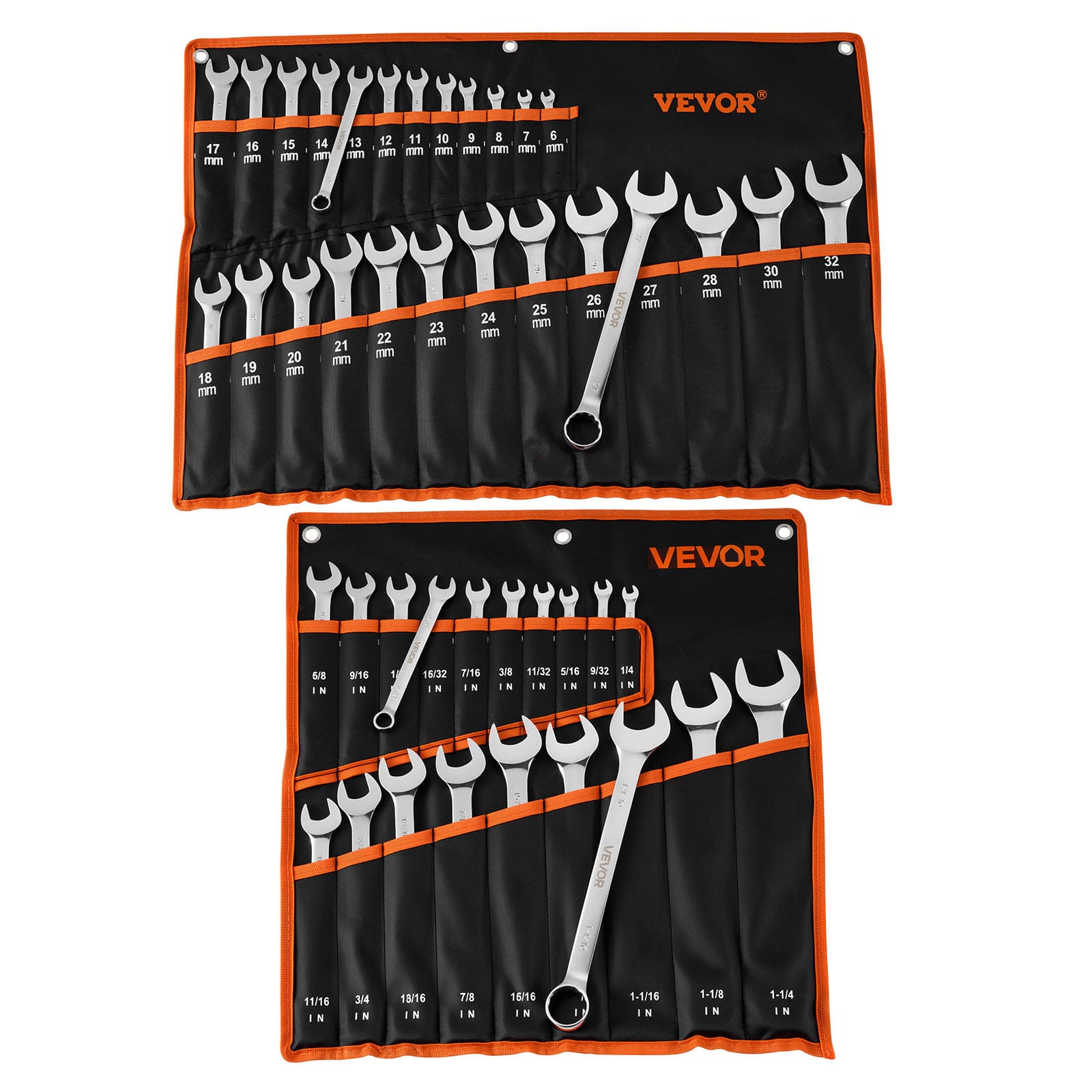 VEVOR - Combination Wrench Set, 44-Piece SAE and Metric, 12-Point Box End and 15° Angled Open End Combination Wrenches - Silver