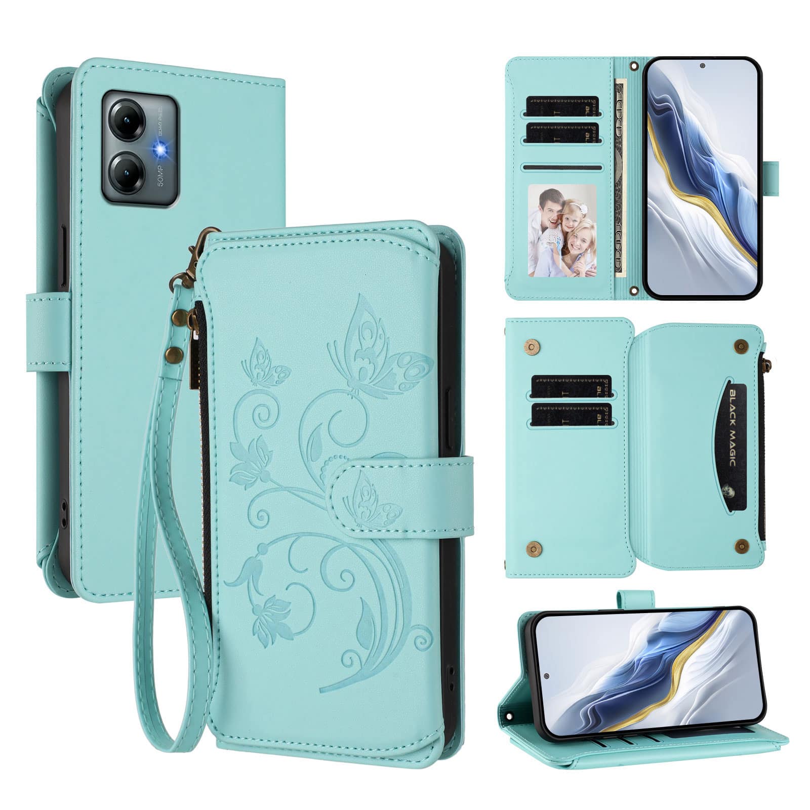 Dteck - Crossbody Wallet Case for Motorola G Power 5G (2025),Embossed Butterfly Flower Folio Cover with Zipper Pocket+Strap - Green