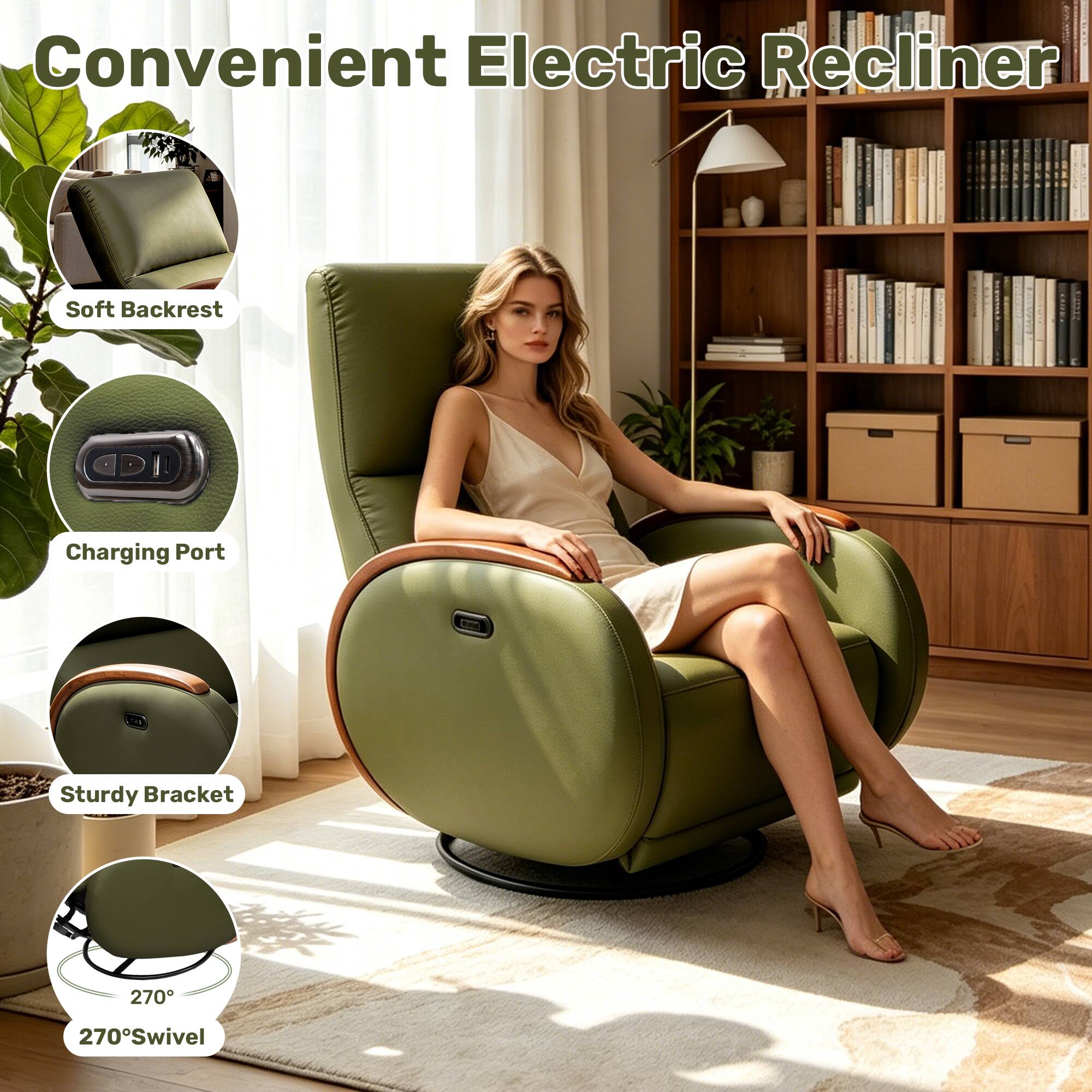 Convenient Electric Recliner

- Soft Backrest
- Charging Port
- Sturdy Bracket
- 270° Swivel