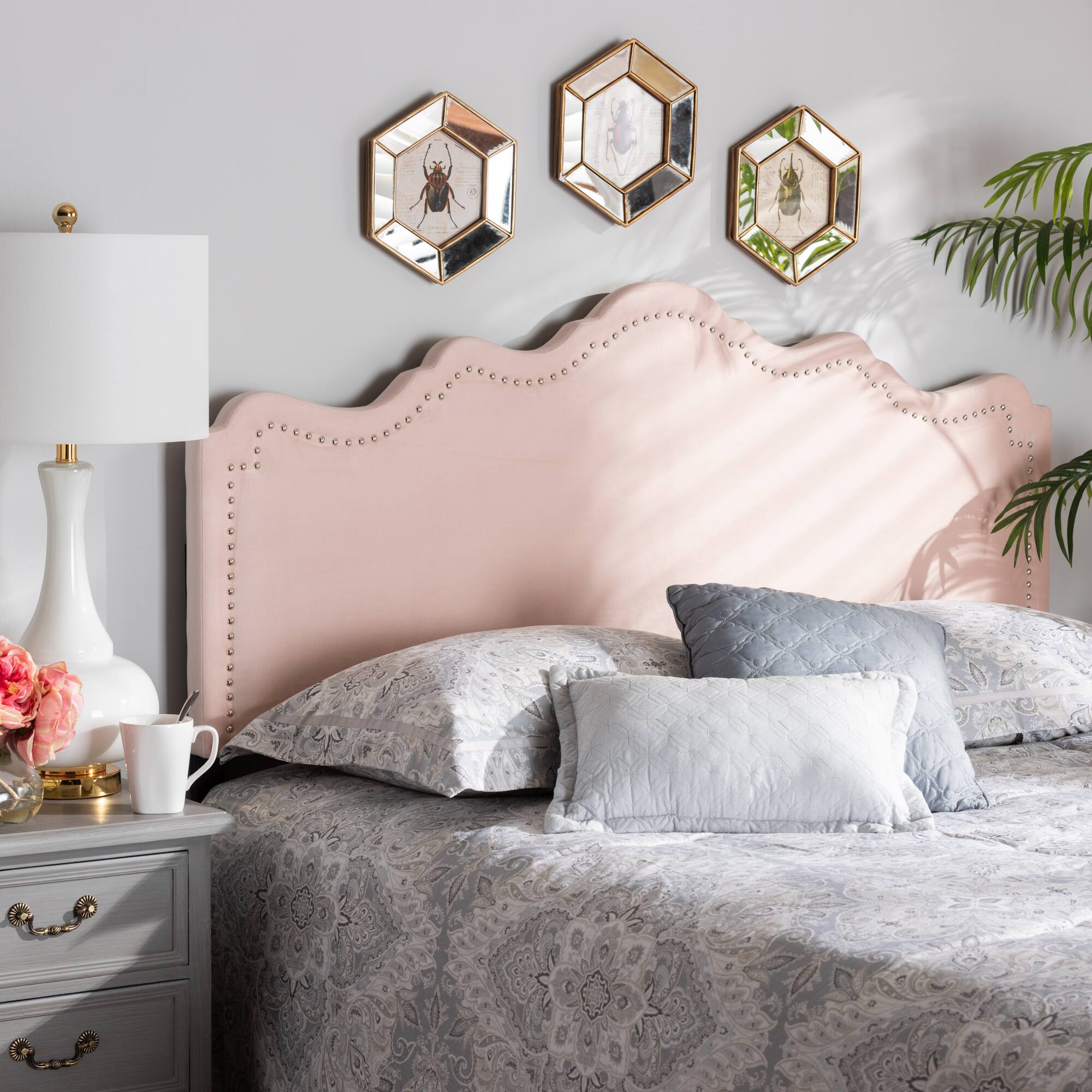 Back. Baxton Studio - Nadeen Modern and Contemporary Velvet Fabric Upholstered Queen Size Headboard - Light Pink.