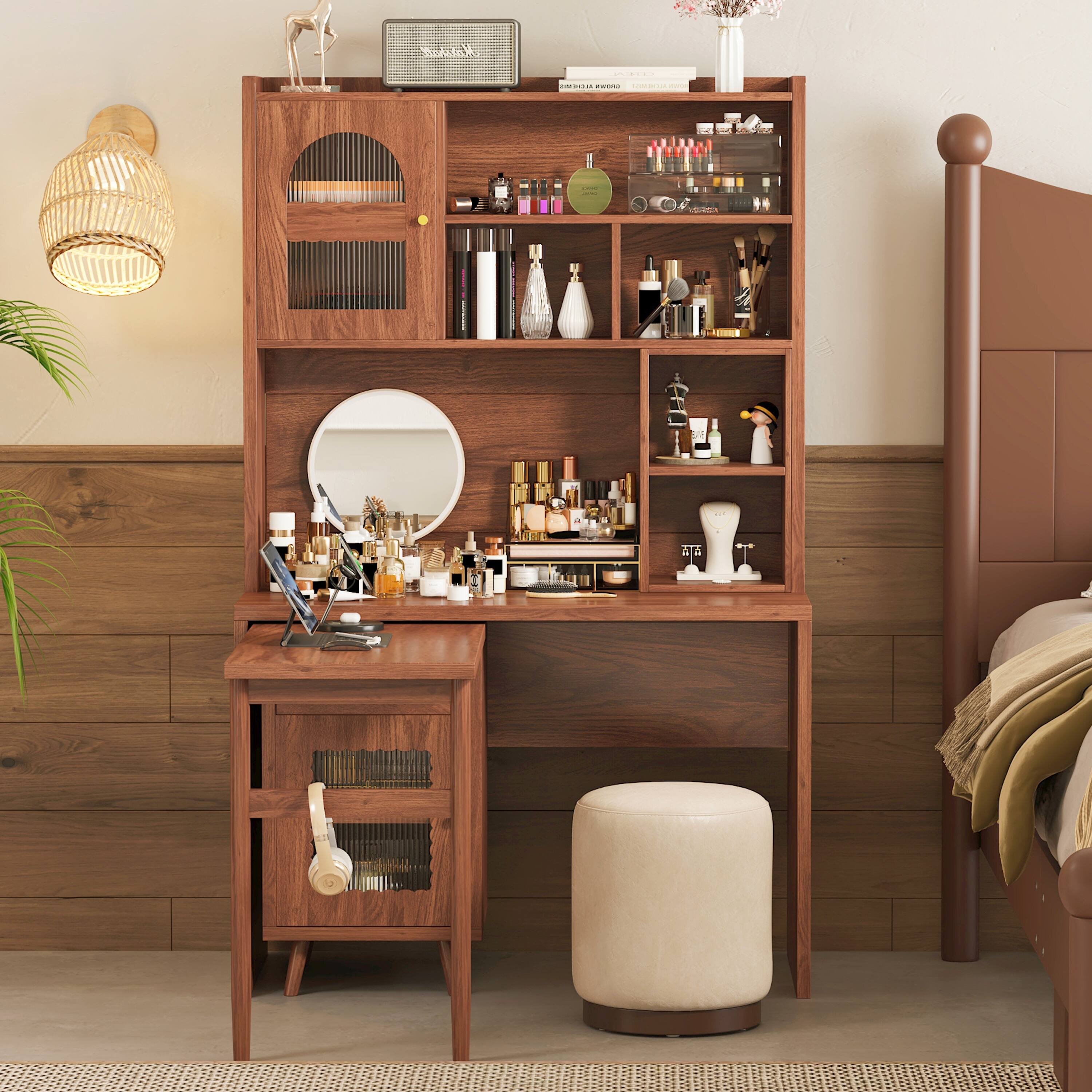 Angle. Tiramisubest - Computer Desk with 90°Rotating Desktop,43x70 Inch Office Desk with Storage Drawer and Cabinets,Gaming Desk with Shelves - Walnut.