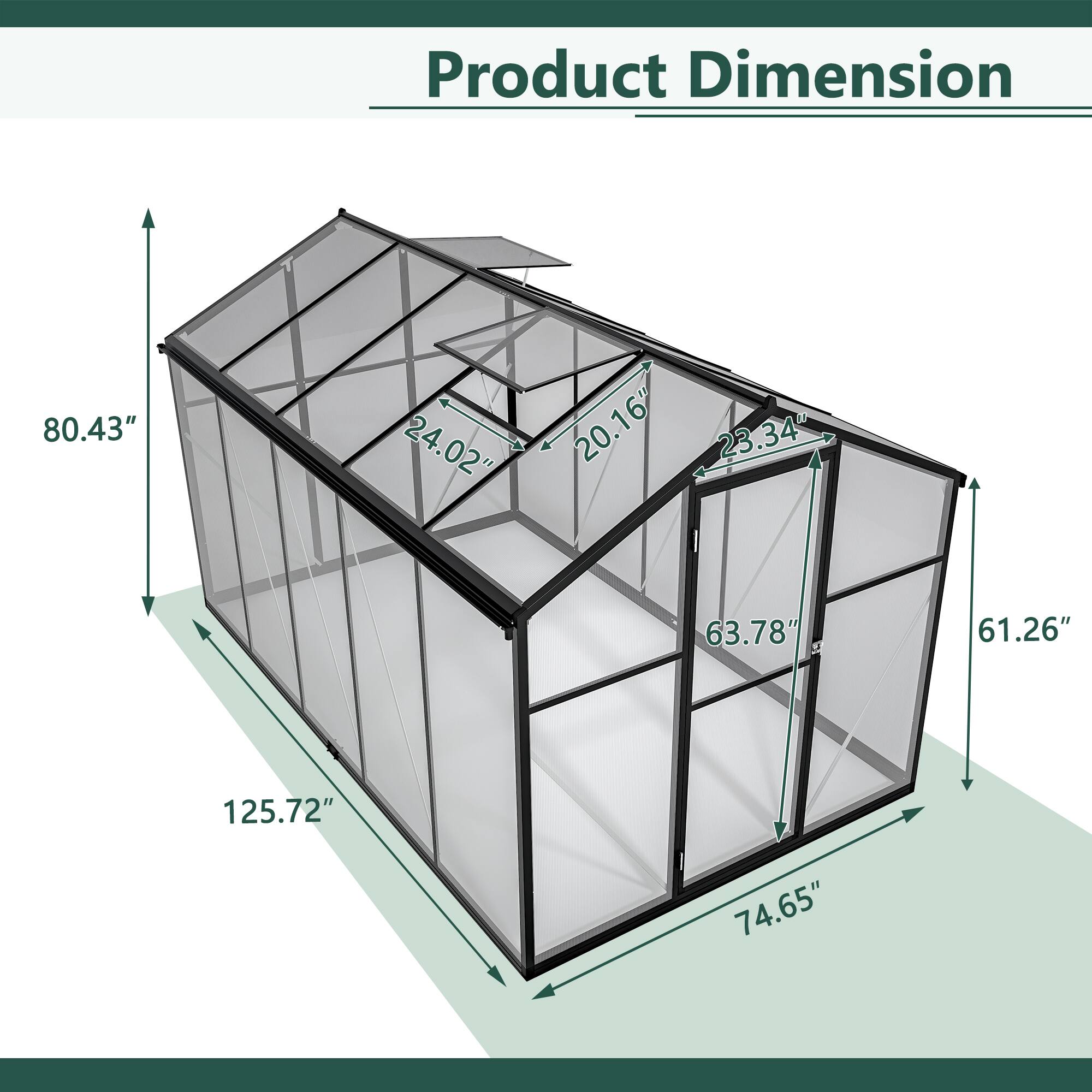 Angle. TinyHomie - 6 x 10FT Outdoor Polycarbonate Greenhouse Kit with Aluminum Frame Lockable Door and Adjustable Roof Vent Backyard Patio.