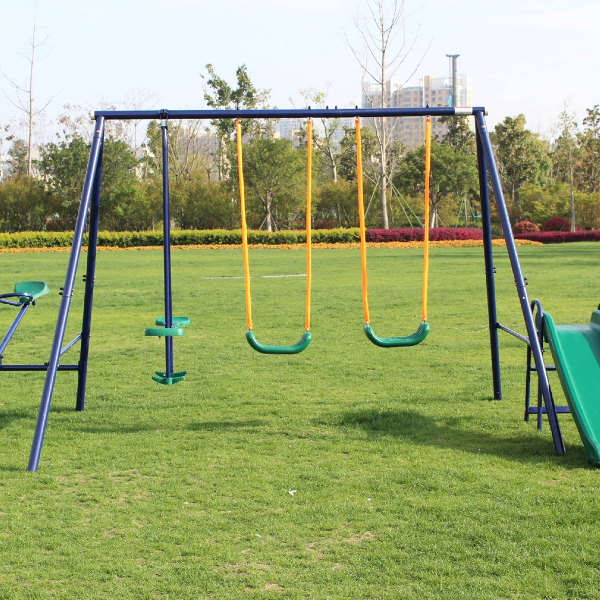 Angle. ELEMENT ACE - Heavy-Duty Steel Swing Set with Slide for Outdoor Playground Fun and Recreation.