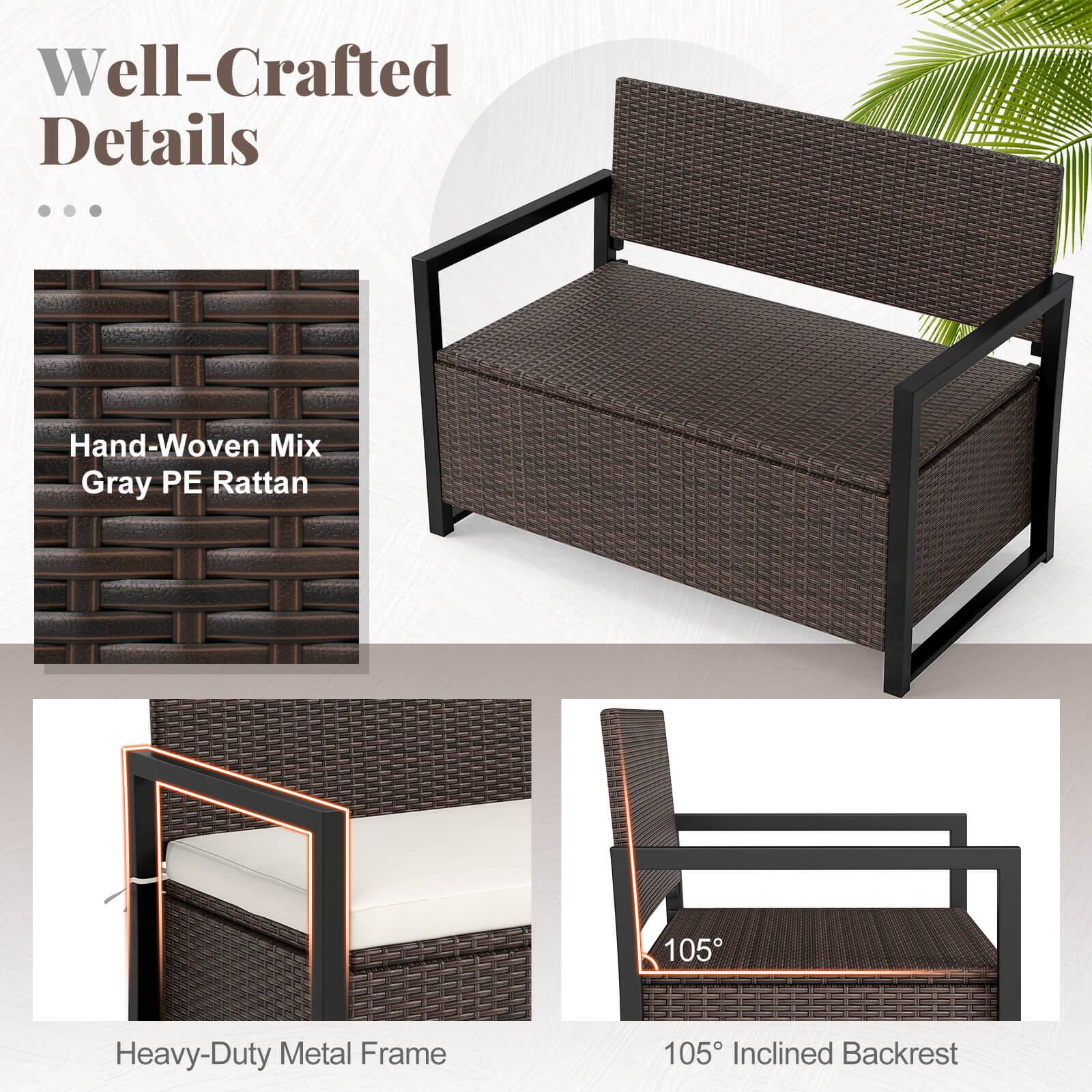 Well-Crafted Details
Hand-Woven Mix Gray PE Rattan
Heavy-Duty Metal Frame
105° Inclined Backrest
