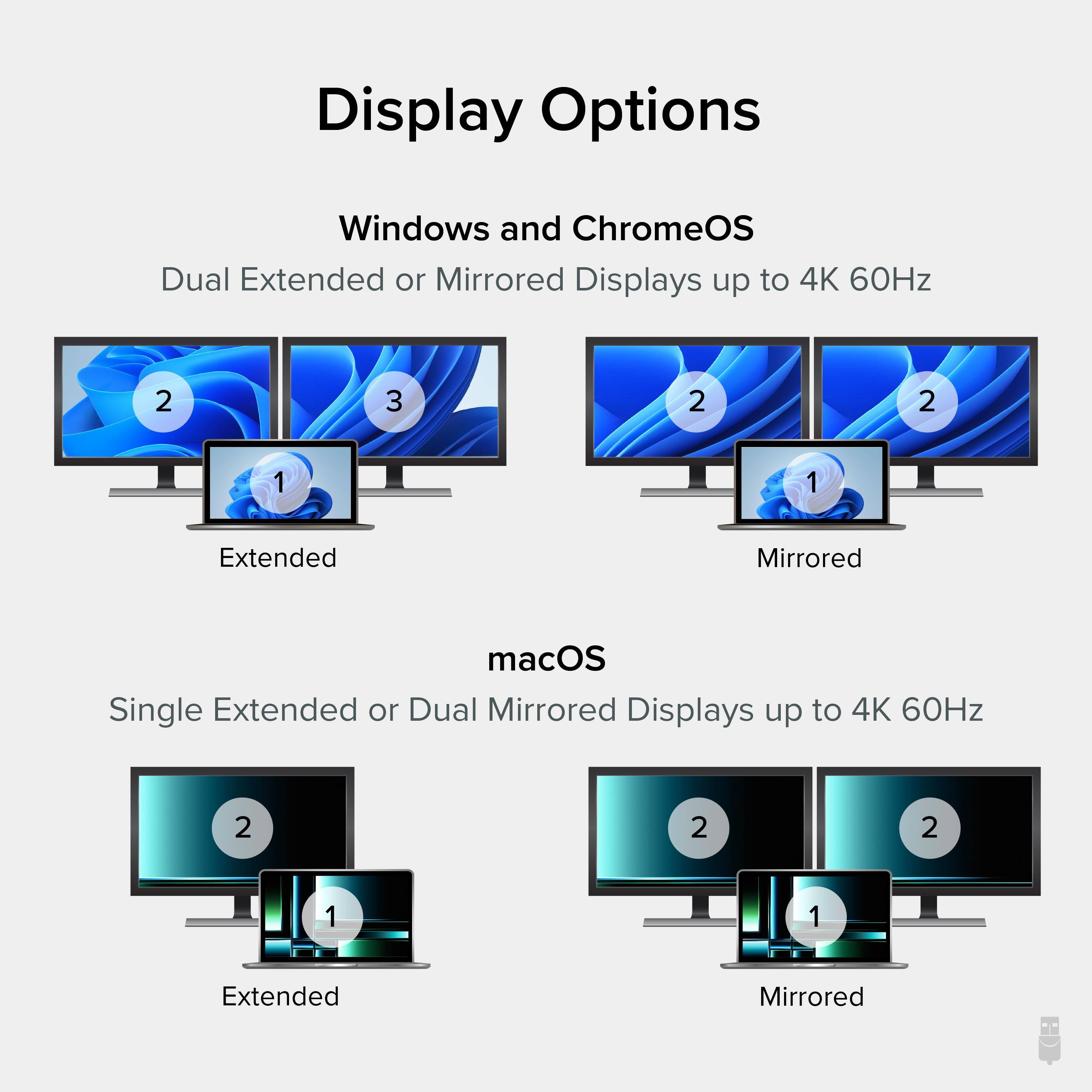 Display Options
Windows and ChromeOS
Dual Extended or Mirrored Displays up to 4K 60Hz
2 3 2 2 1 1 Extended Mirrored
macOS
Single Extended or Dual Mirrored Displays up to 4K 60Hz
2 2 2 1 1 Extended Mirrored