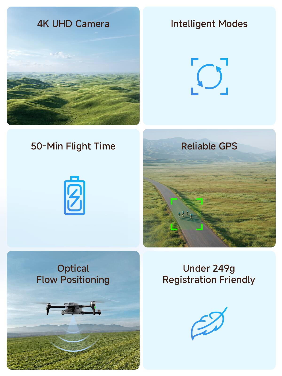 4K UHD Camera  
Intelligent Modes  
50-Min Flight Time  
Reliable GPS  
Optical Flow Positioning  
Under 249g  
Registration Friendly