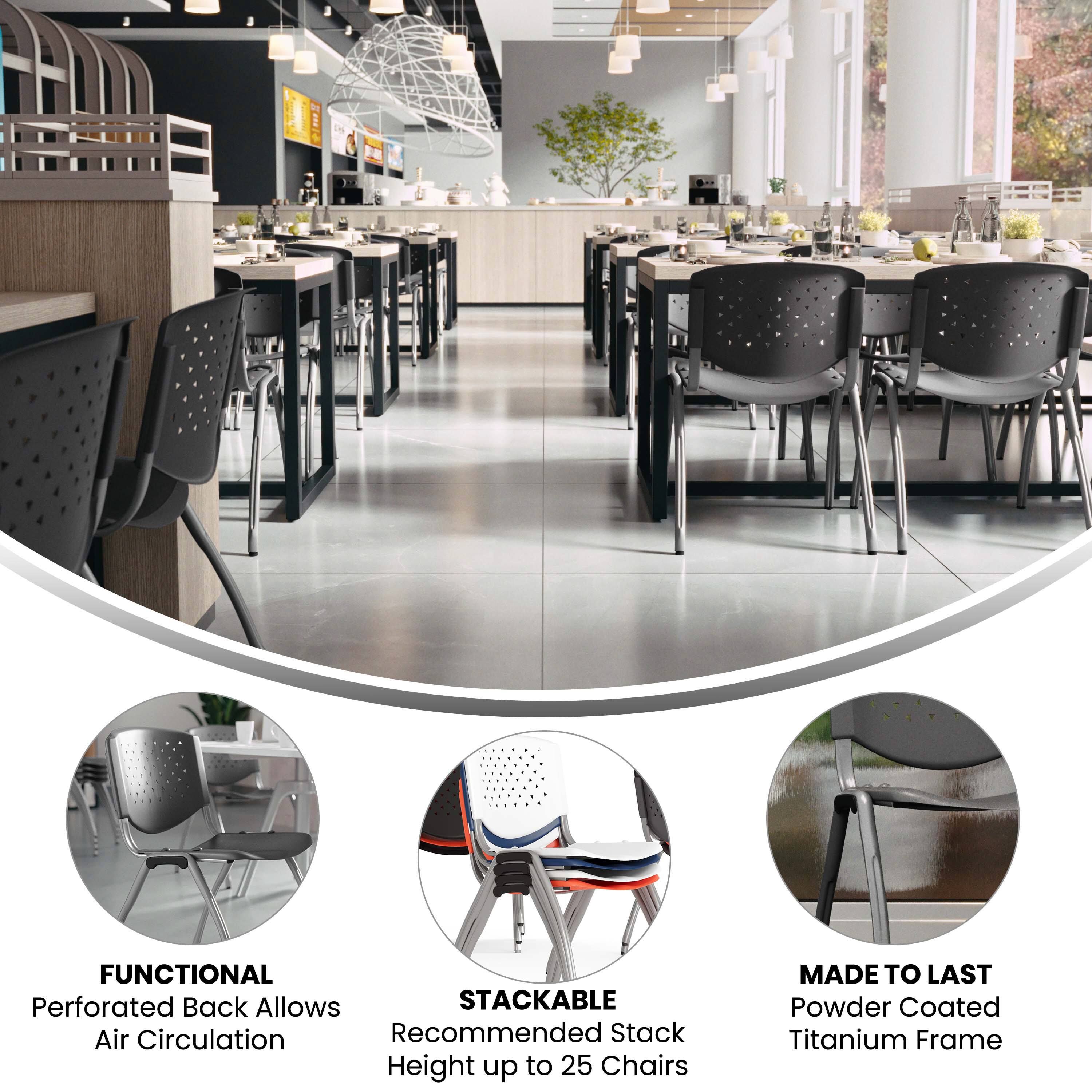 - FUNCTIONAL: Perforated Back Allows Air Circulation
- STACKABLE: Recommended Stack Height up to 25 Chairs
- MADE TO LAST: Powder Coated Titanium Frame