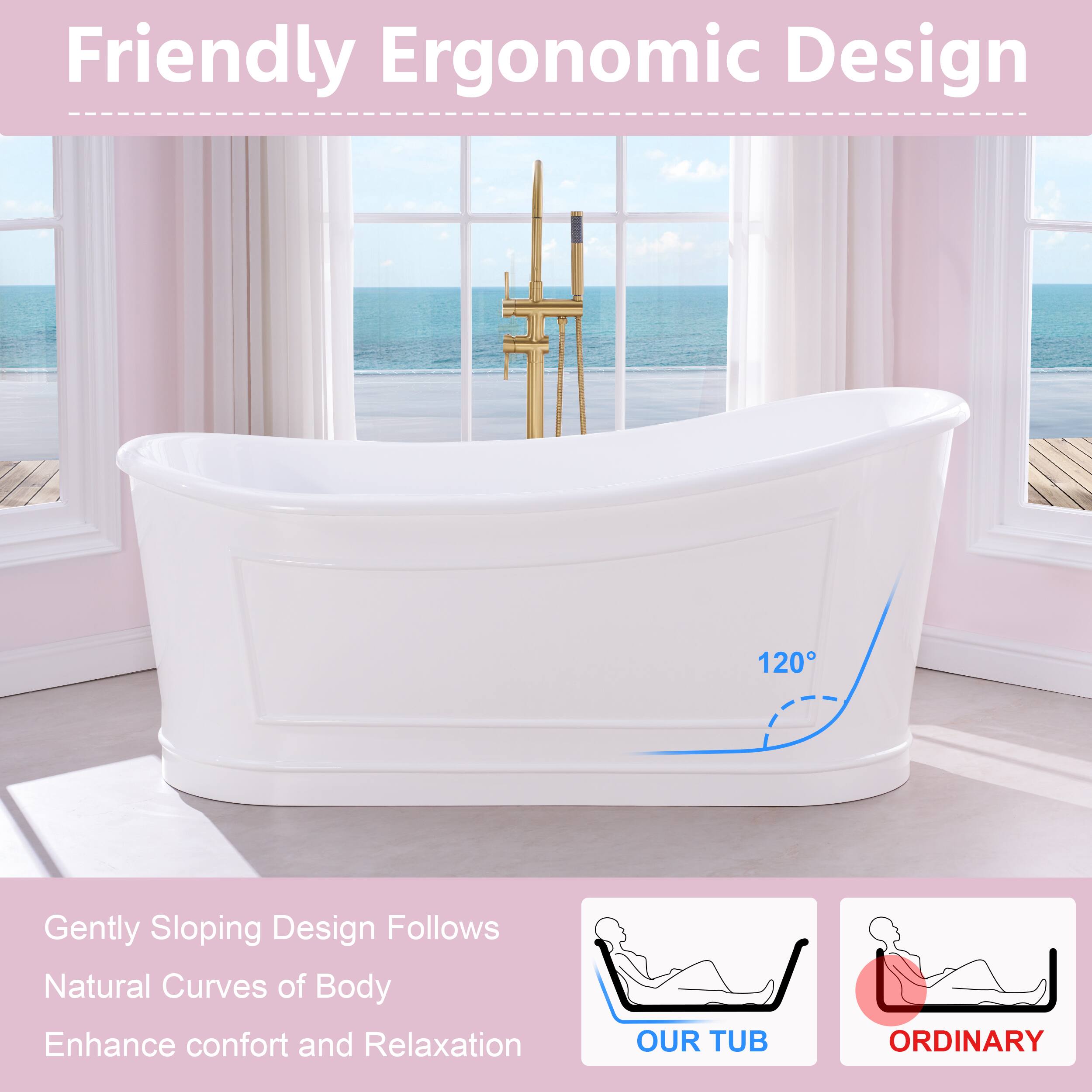 Friendly Ergonomic Design

Gently Sloping Design Follows Natural Curves of Body
Enhance comfort and Relaxation

OUR TUB ORDINARY