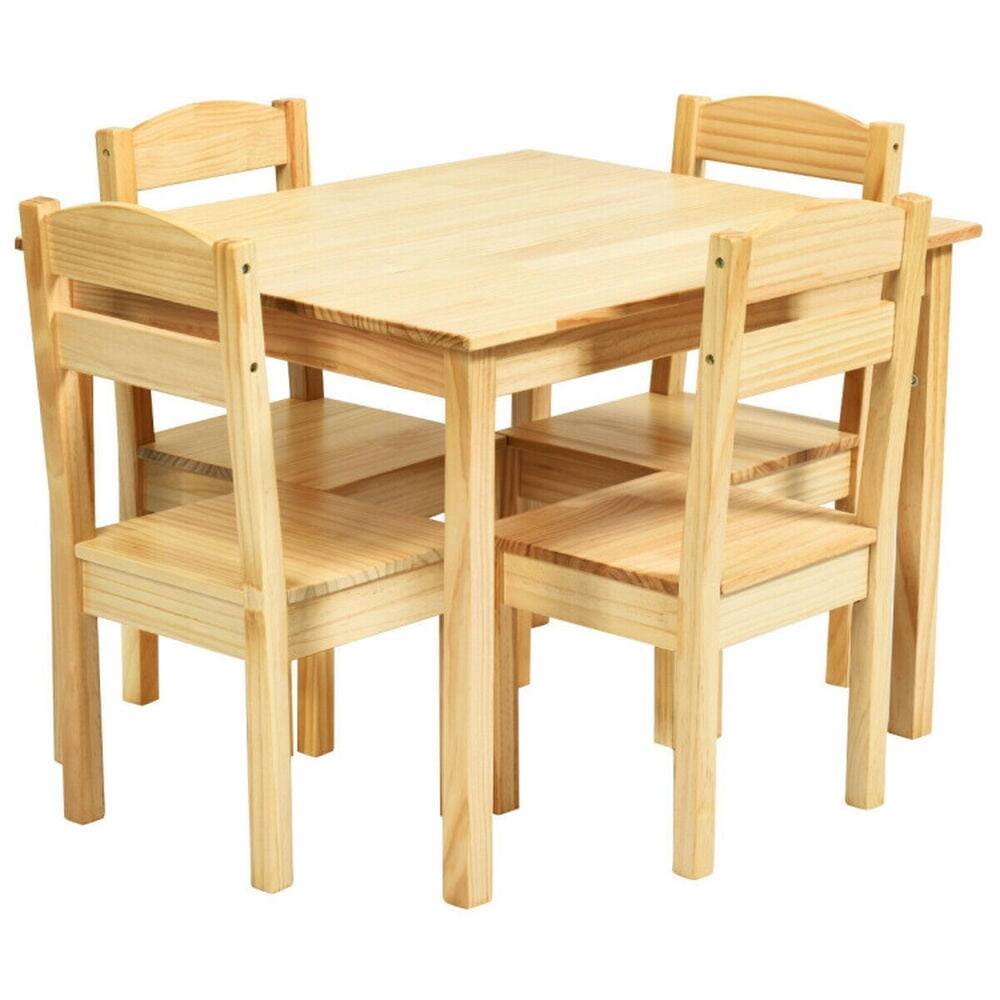 Front. Kadyn - 5 pcs Kids Pine Wood Table Chair Set-Natural, Small Folding Table for Arts & Crafts, Snack Time, Homeschooling, Homework - Natural.