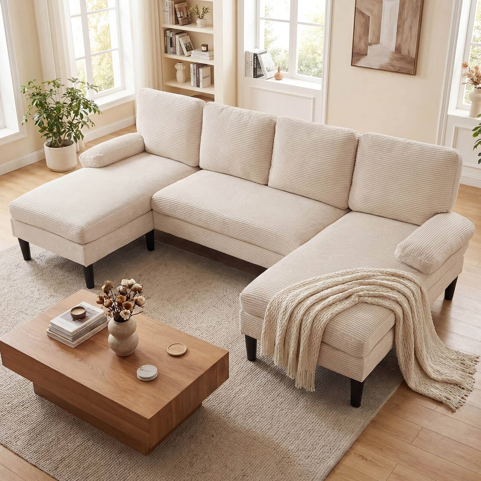 Alt View 1. Costway - Costway Sectional Couch, U-shaped Sofa with Double Chaise, Padded Pillow Armrests for Home - Beige.