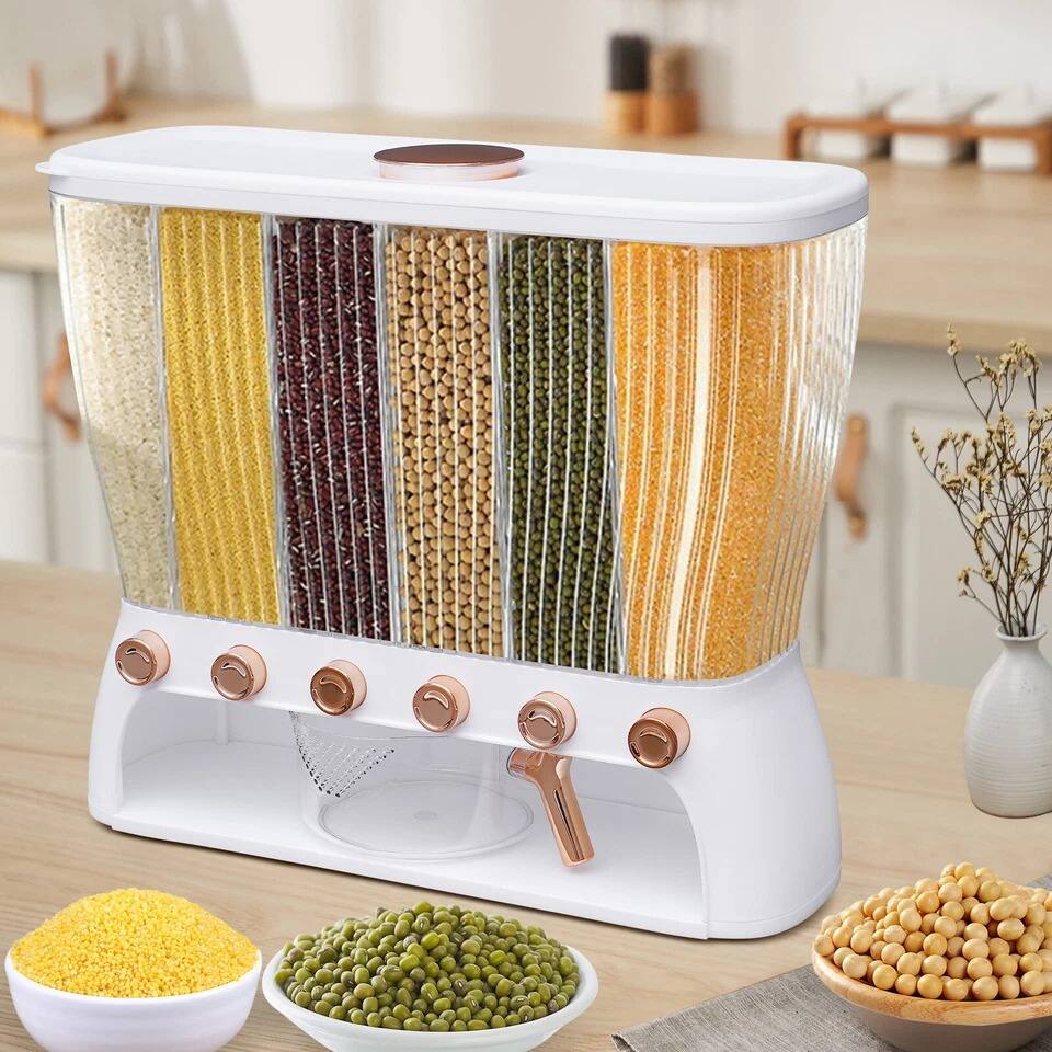 Left. Home Collection - Six-Grid Dry Food Dispenser 10 kg Rice and Cereal Storage Container - Clear, White, Gold.