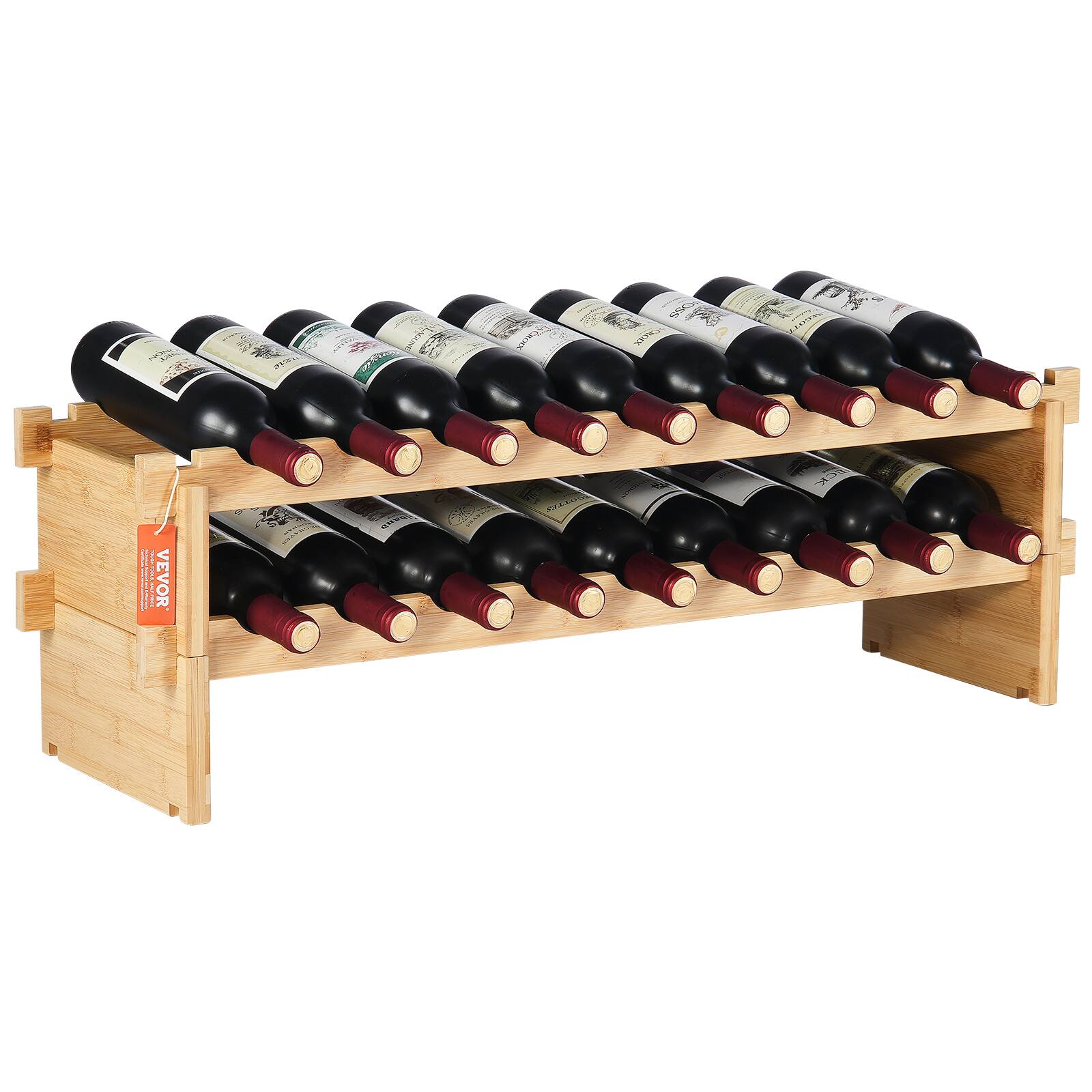Front. VEVOR - 18 Bottle Stackable Modular Wine Rack, 2-Tier Solid Bamboo Wood Storage Racks - Natural Color.