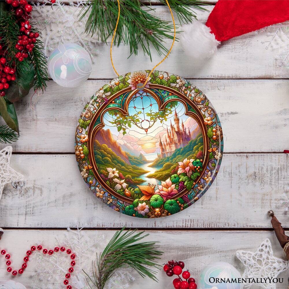 Back. OrnamentallyYou - Castle Art with Lush Forest Stained Glass Style Ceramic Ornament Christmas Gift and Decor - Multi-colored.