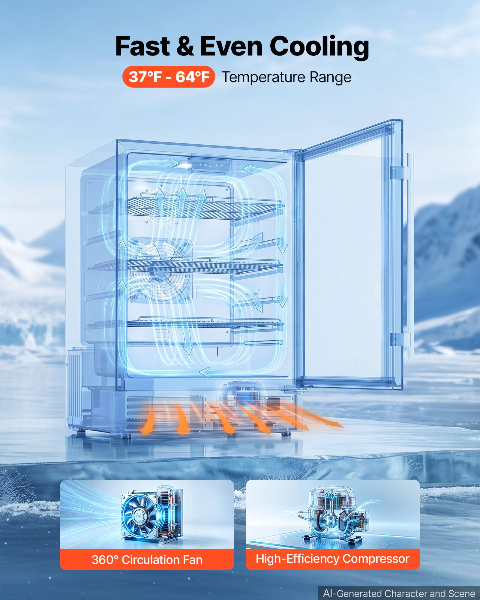 Fast & Even Cooling  
37°F - 64°F Temperature Range  
360° Circulation Fan  
High-Efficiency Compressor  
AI-Generated Character and Scene