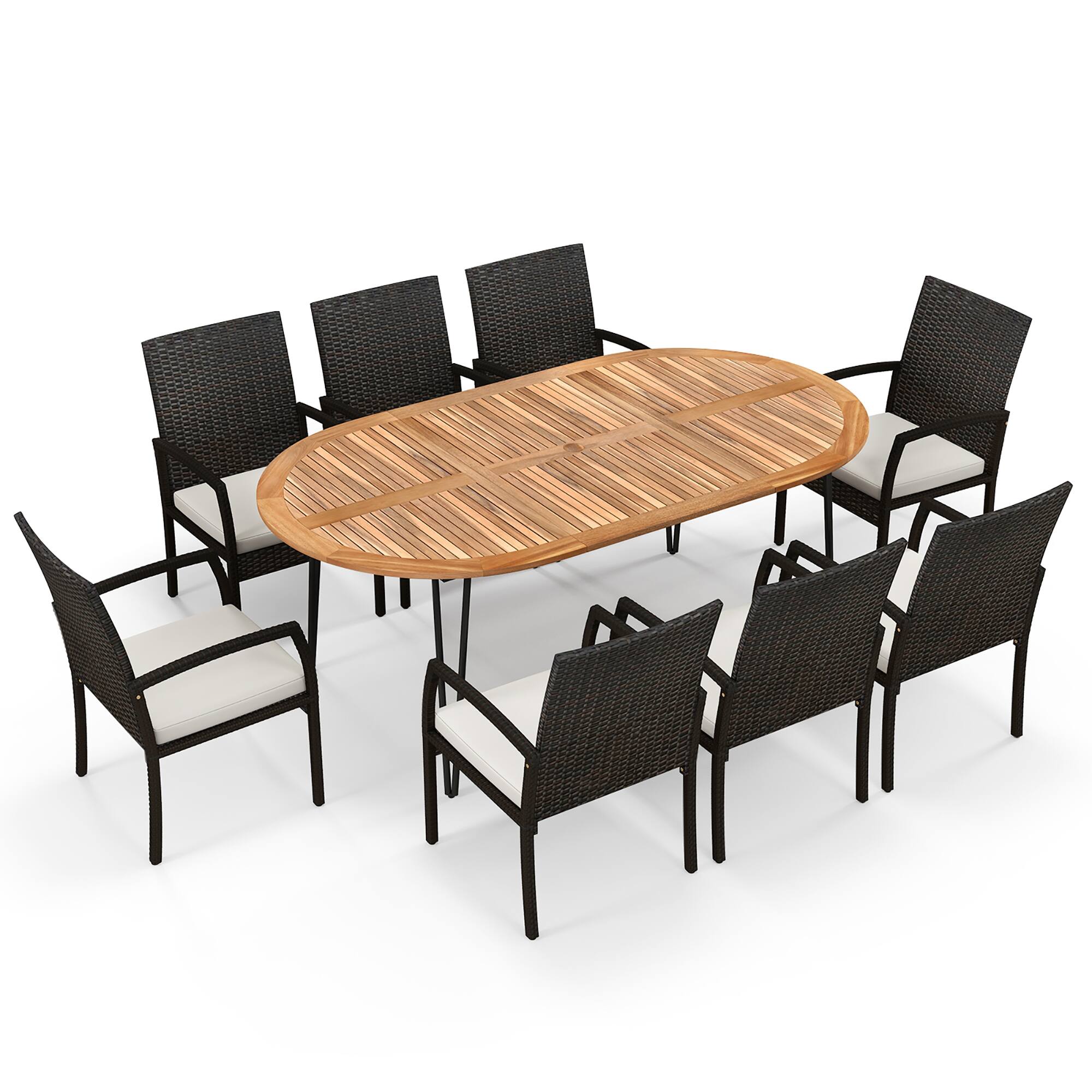 Alt View 5. Gymax - Gymax 9 PCS Patio Rattan Dining Set Acacia Wood Table & 8 Patio Wicker Armchairs Mix Brown - Mix Brown, Off White.