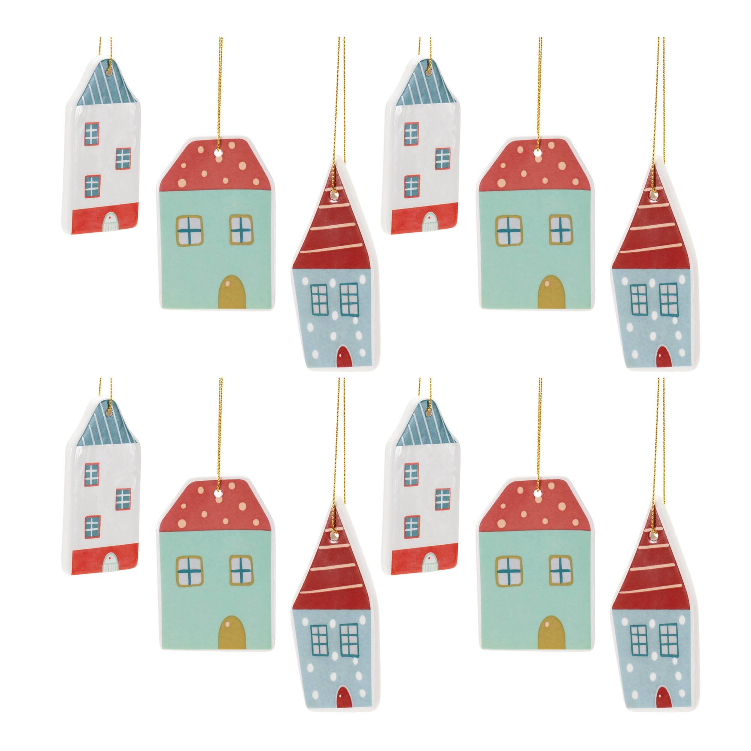 Alt View 3. BreeBe - Ceramic Winter House Ornament (Set of 12) - White, Red, Green.