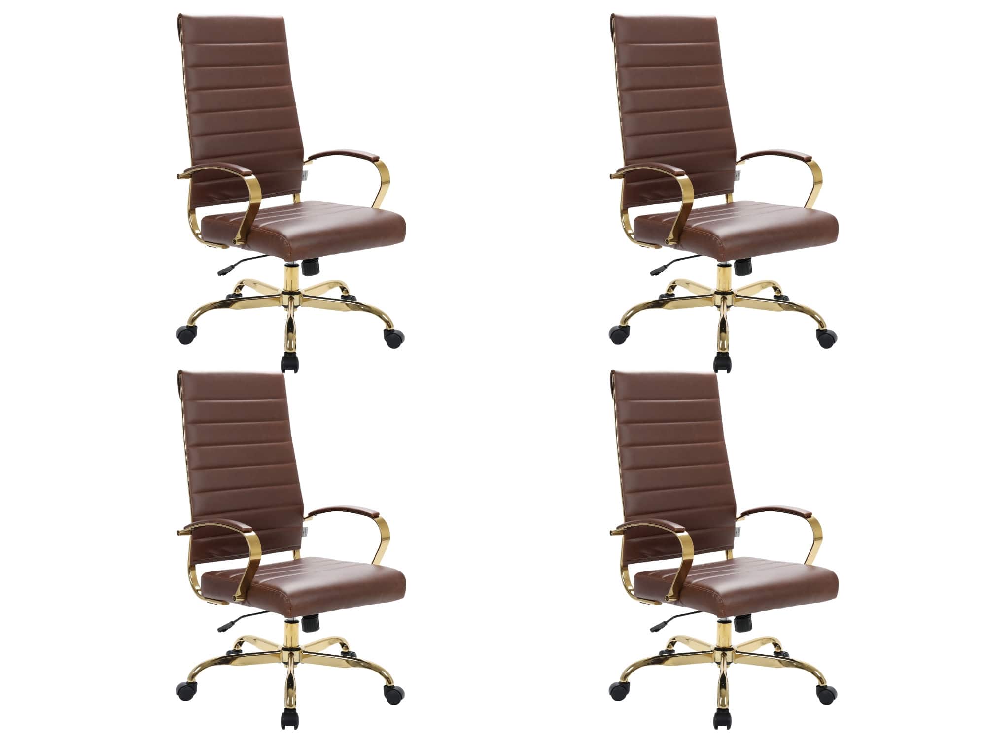 LeisureMod - Set of 4 Benmar High-Back Leather Upholstered Swivel Executive Office Chair with Gold Accents, Adjustable, and Tilt - Brown
