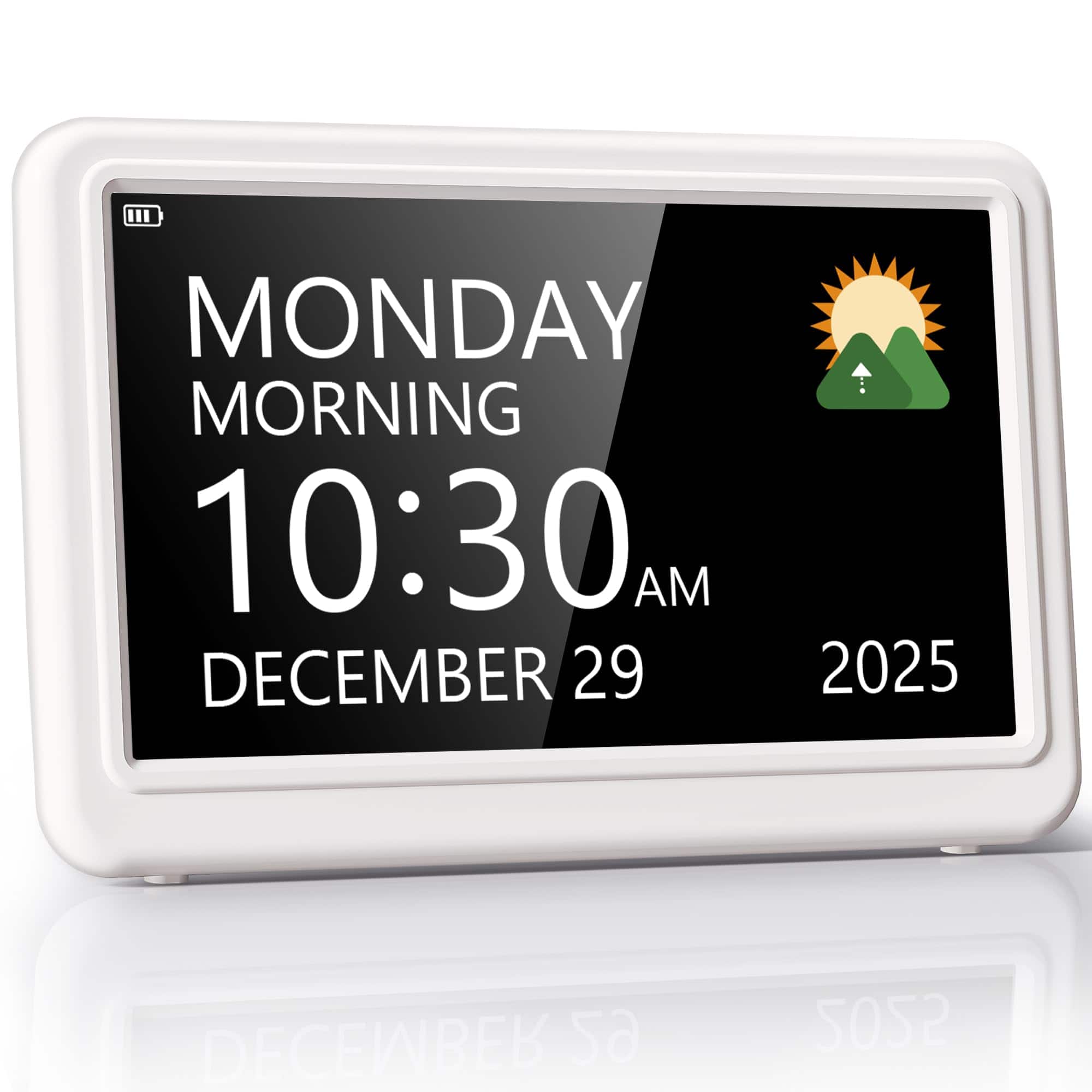 Dazzed Corner - Rechargeable Digital Clock, 7" Large Digital Calendar Clock for Seniors - White