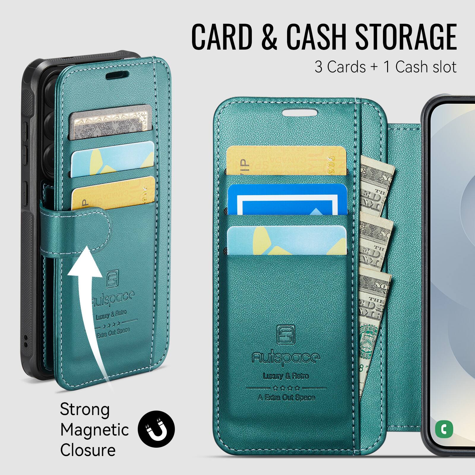 CARD & CASH STORAGE  
3 Cards + 1 Cash slot  

Strong Magnetic Closure  

Auispace  
Luxury & Retro  
Extra Out Spaces