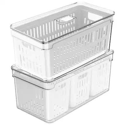 Front. OU - OU Fridge Organizer Bins with Drain Baskets & Vented Lids, BPA Free Refrigerator Kitchen Storage Bin - Clear.