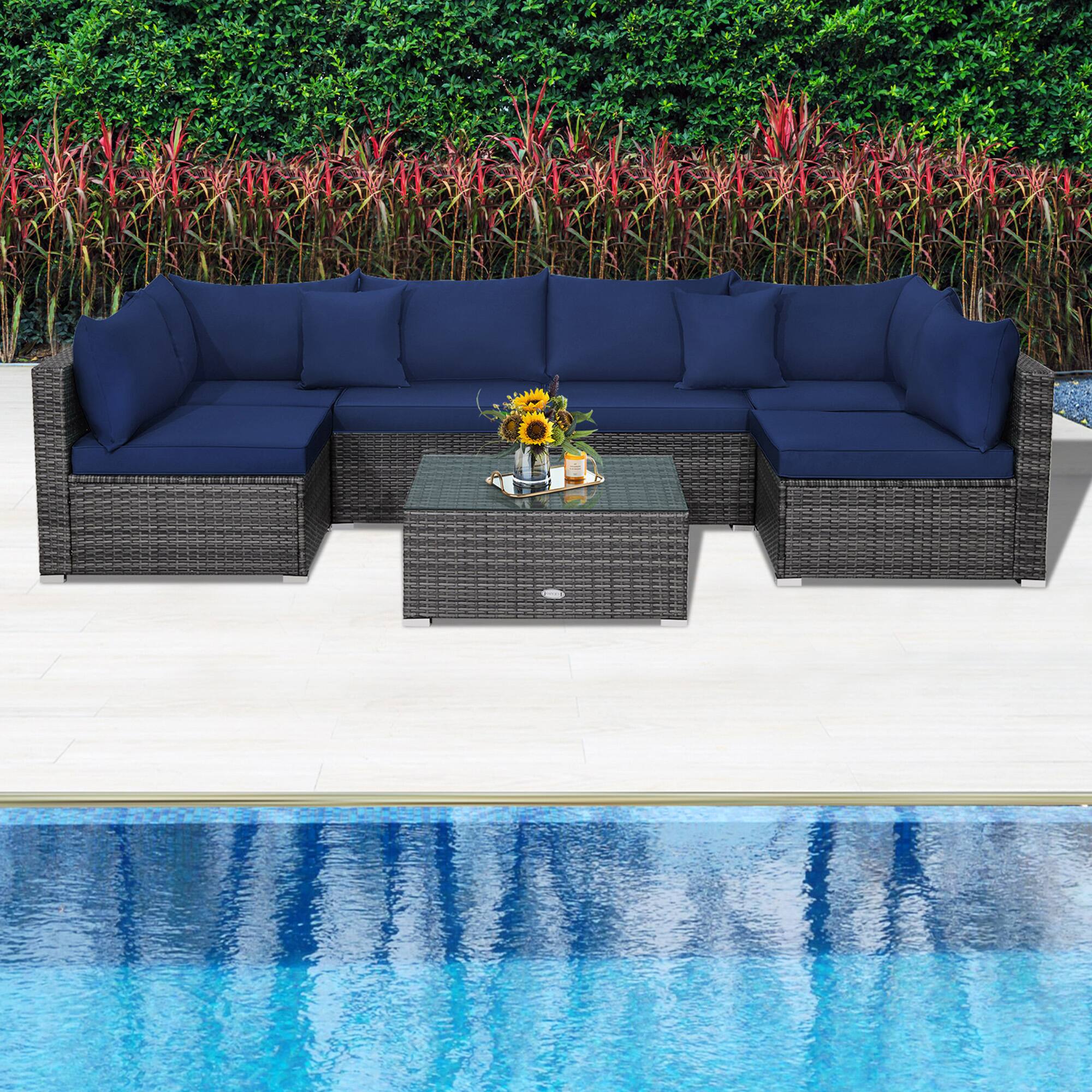 Alt View 9. Gymax - Gymax 7PCS Patio Rattan Sectional Sofa Set Outdoor Furniture Set w/ Navy Cushions - Navy.