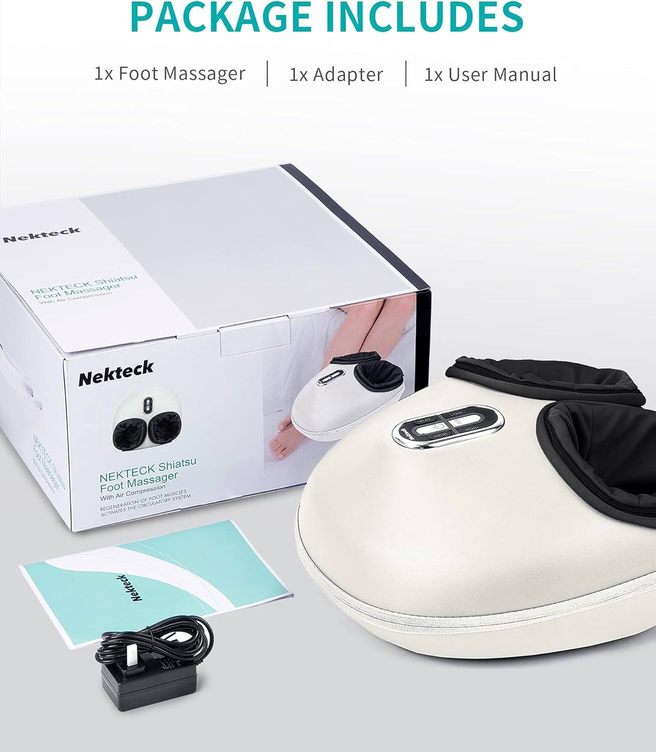 PACKAGE INCLUDES
1x Foot Massager | 1x Adapter | 1x User Manual
NEKTECK Shiatsu Foot Massager With Air Compression System That Relieves The Circulatory System
NEKTECK