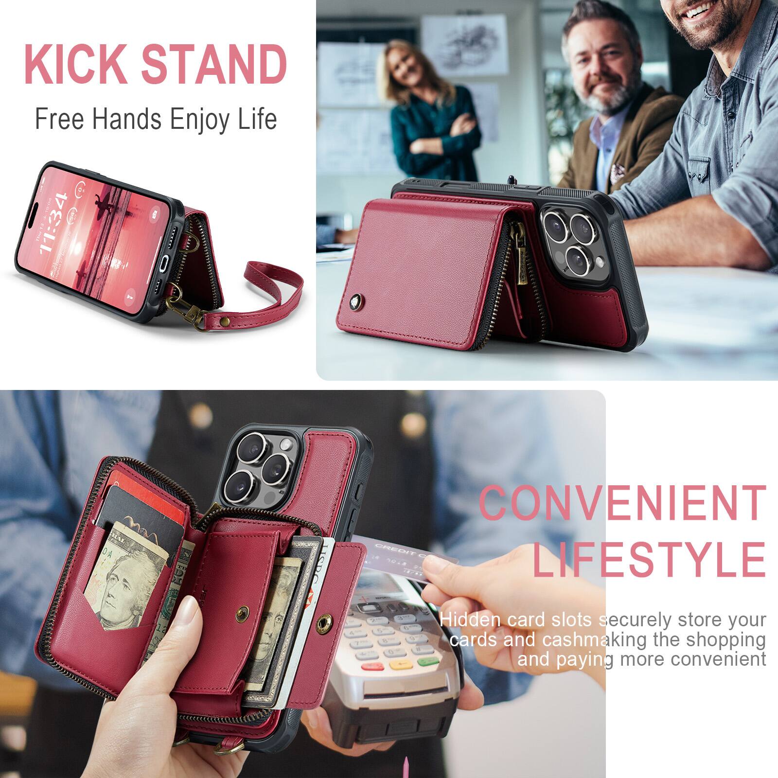KICK STAND  
Free Hands Enjoy Life  

CONVENIENT LIFESTYLE  
Hidden card slots securely store your cards and cash, making the shopping and paying more convenient