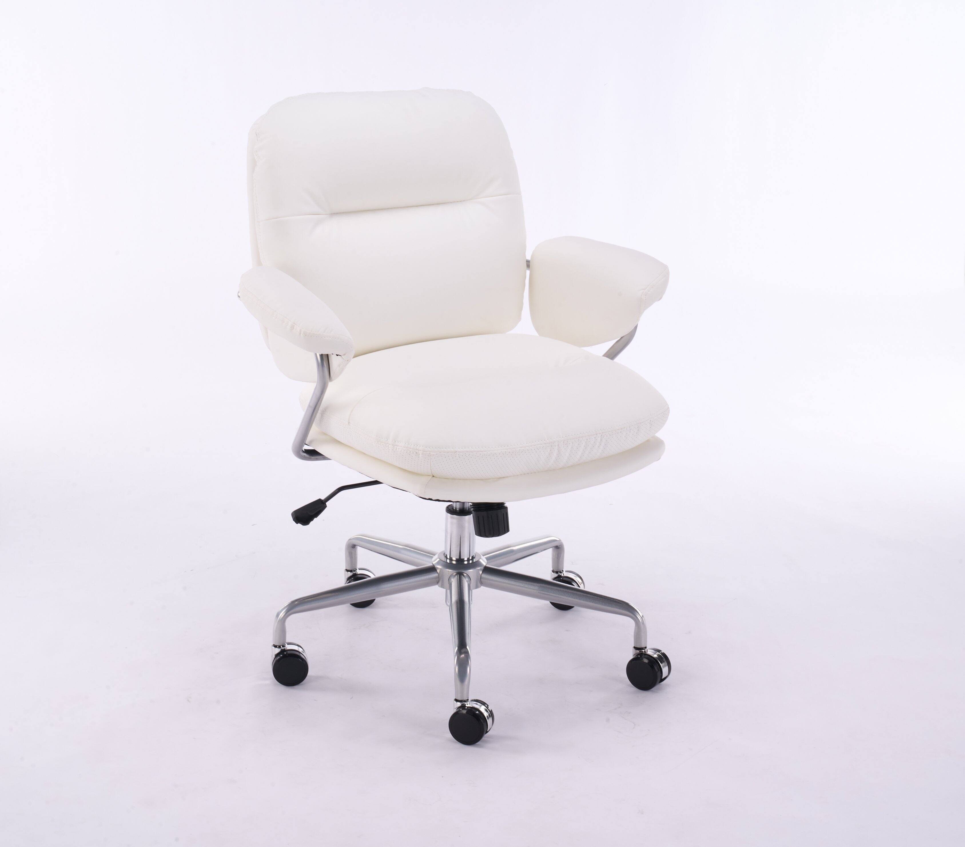 Front. TinyHomie - Ergonomic White Leather Office Chair with 360° Swivel Adjustable Height Reclining Backrest and Breathable Seat - Beige.