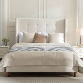 LUCKY ONE - Queen Size Upholstered Bed Frame with High Wingback Headboard - Ivory