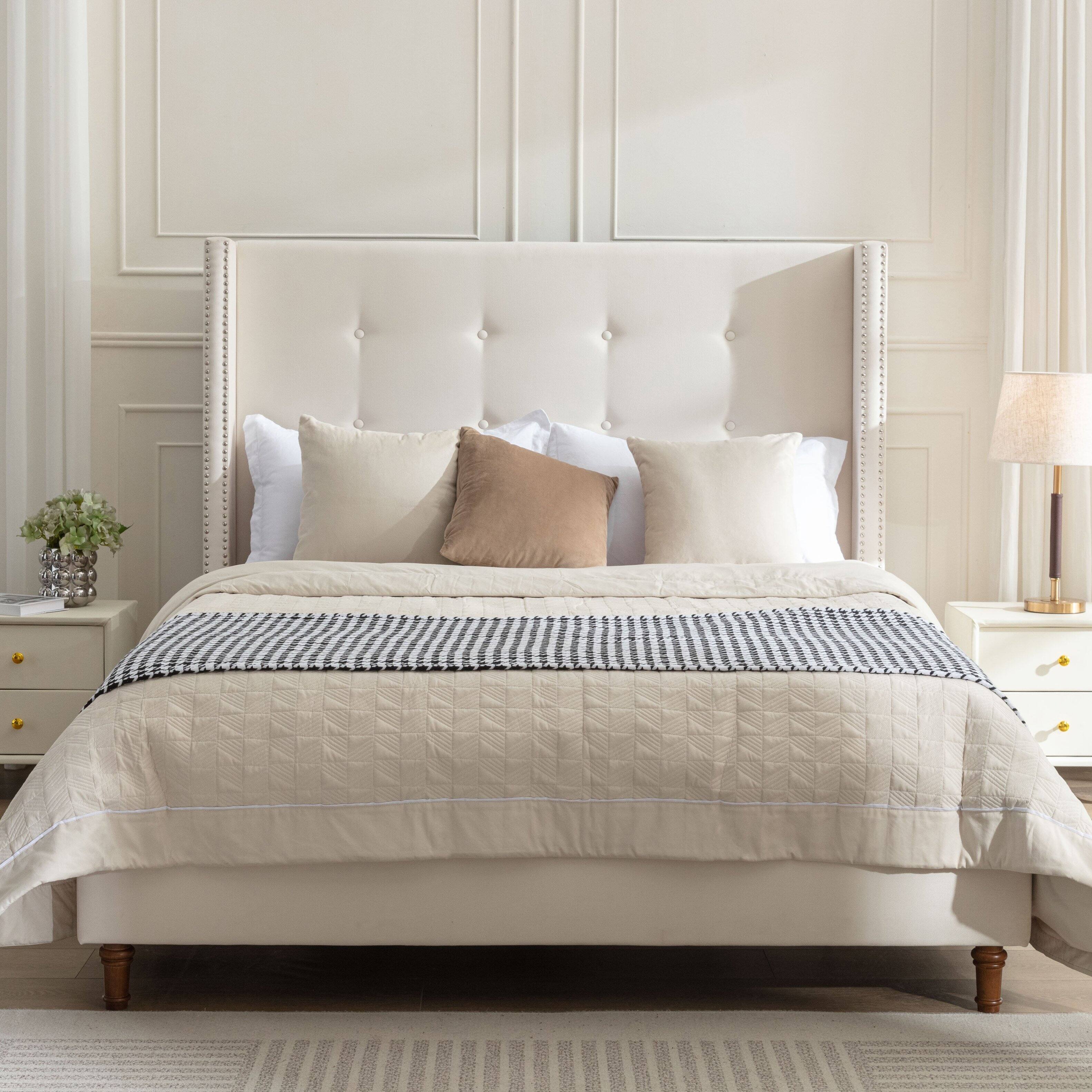 Front. LUCKY ONE - Queen Size Upholstered Bed Frame with High Wingback Headboard - Ivory.