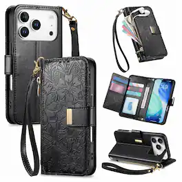 UUCOVER - Floral PU Leather Wallet Case for iPhone 17 Pro Max with Zipper Pocket, Card Slots,Shoulder & Wrist Strap, Stand Cover - Black
