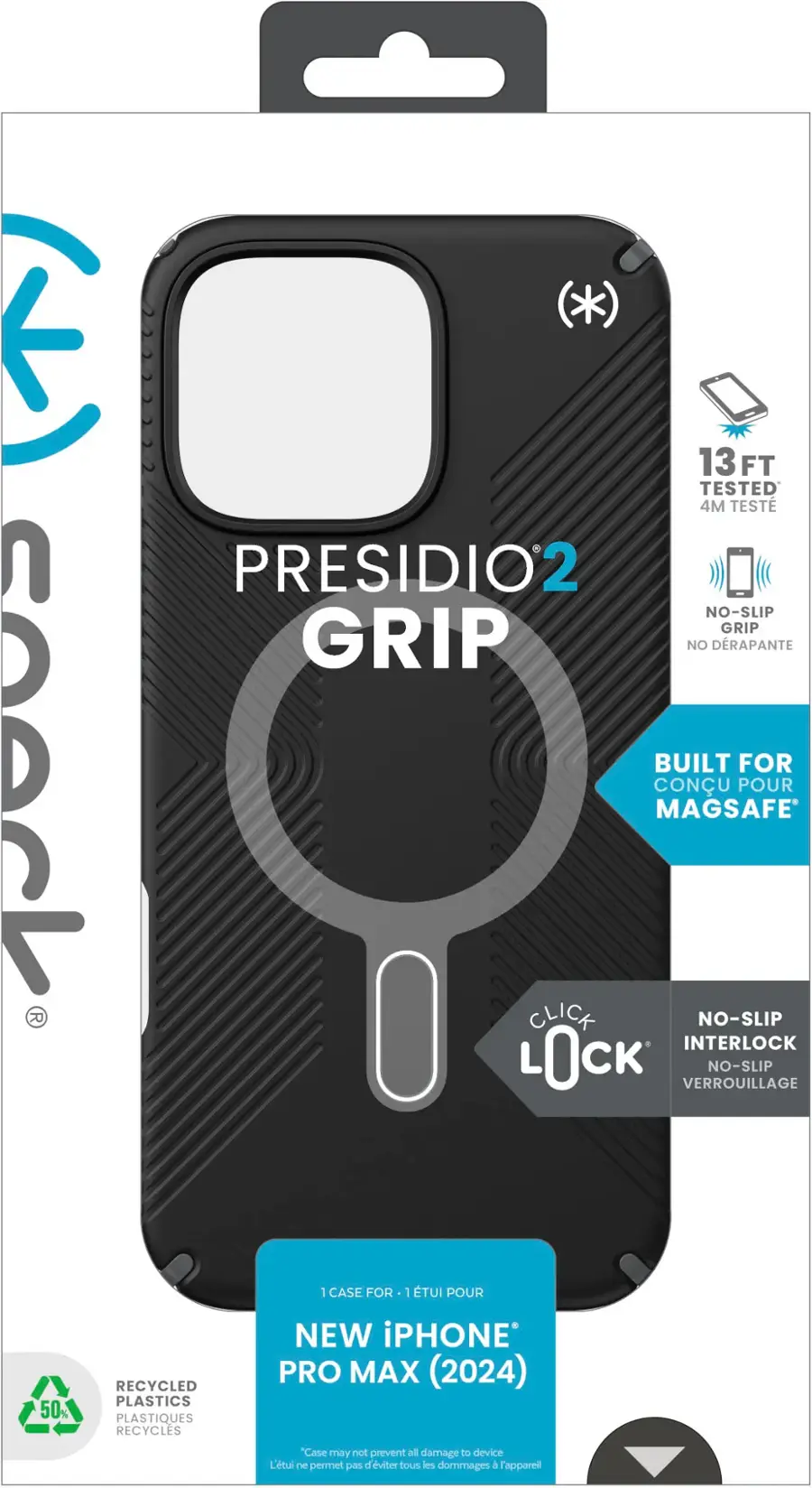 *) E 13 FT TESTED 4M TEST PRESIDIO2 NO-SLIP GRIP GRIP NO DRAGANTE seeck BUILT FOR CONU POUR MAGSAFE  CLICK NO-SLIP INTERLOCK L0CK VERROUILLAGE NO-SLIP 1 CASE FOR 1 TUI POUR 50% RECYCLED PLASTICS PLASTIQUES RECYCLES NEW iPHONE PRO MAX (2024) "Case may not prevent all damage to device L'tui ne permet pn d d'viter tous les dommages Tappareil