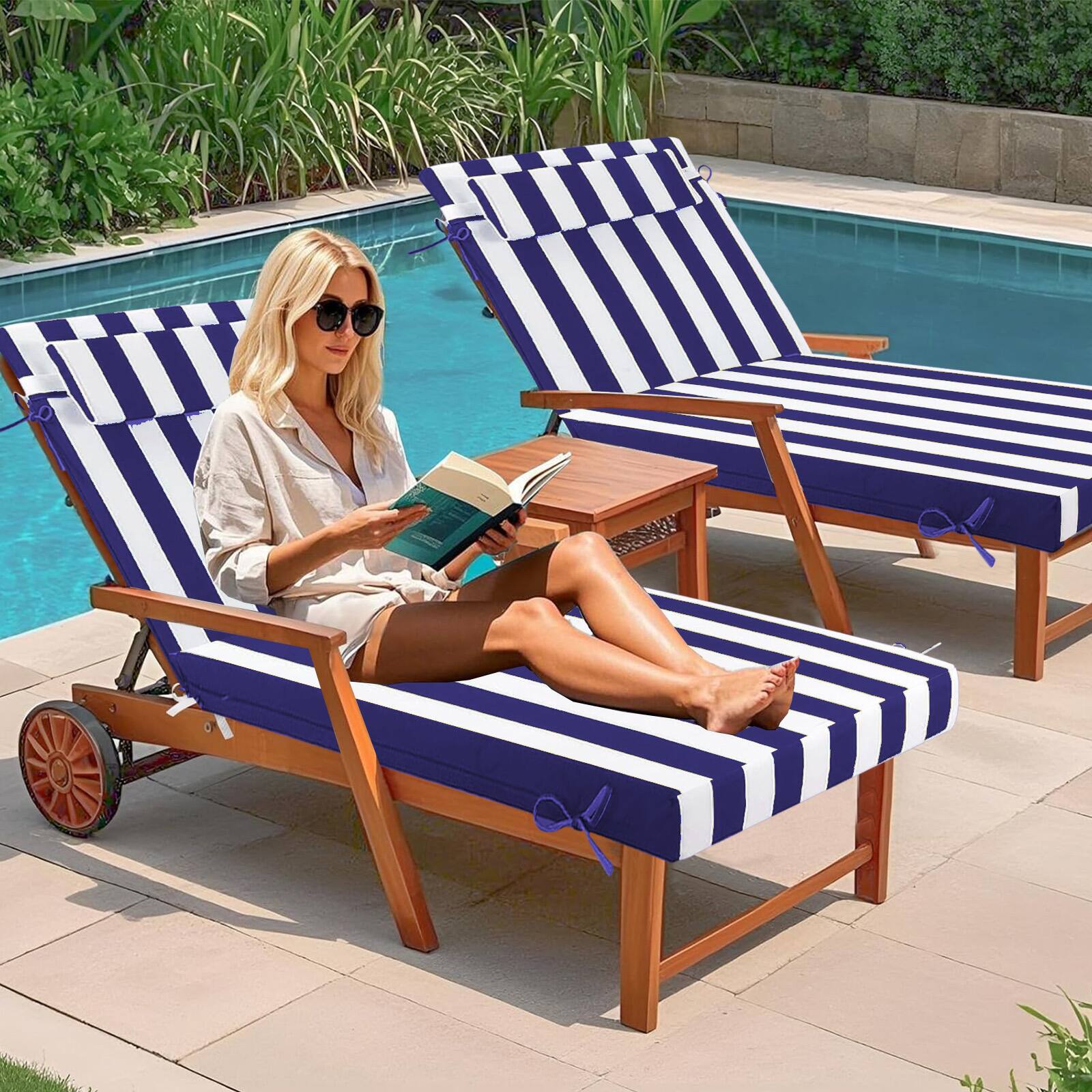 Alt View 6. Chateau Abodes - Outdoor Chaise Lounge Cushion, Waterproof & Fade-Resistant Patio Chaise Lounge Cushion with Ties, 72" L X 21" W X 3" D - Blue and White Stripes.