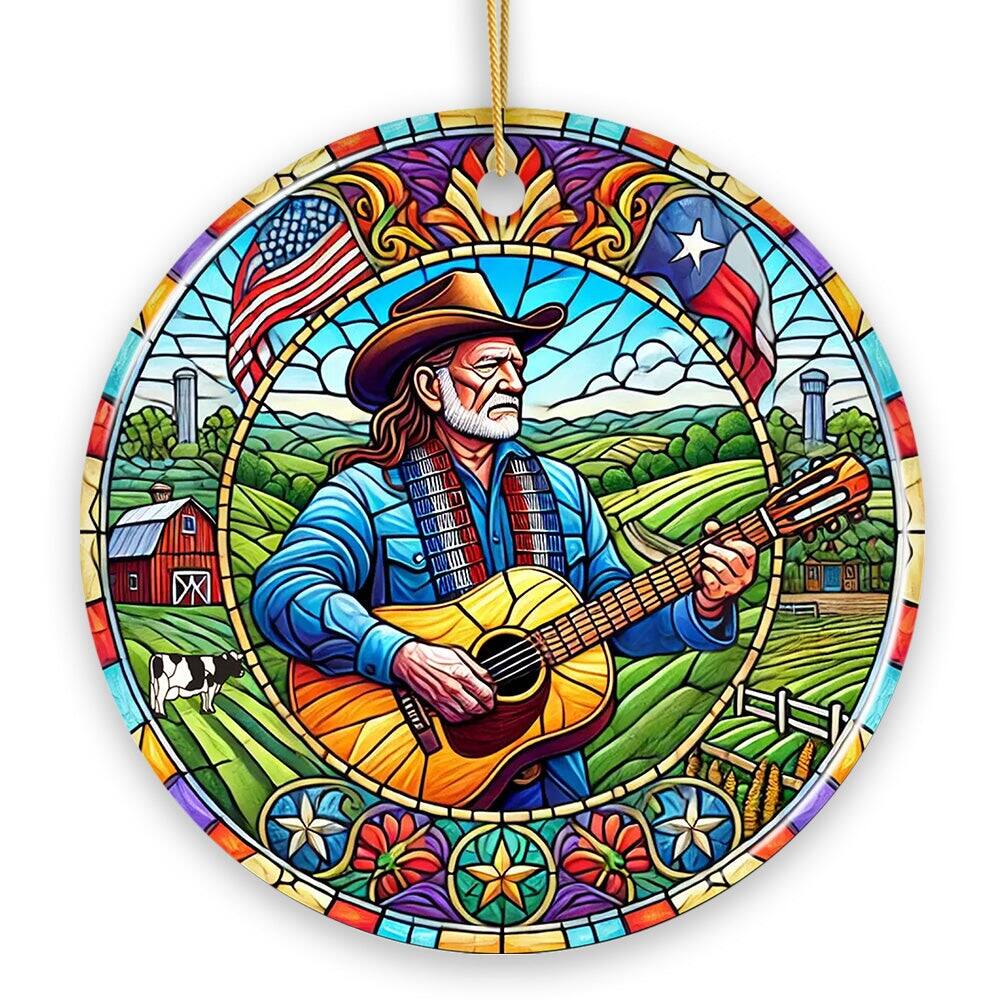 Front. OrnamentallyYou - Country Outlaw Texas Melody Ceramic Ornament Vintage Stained Glass Style Cowboy Music and Guitar - Multi-colored.
