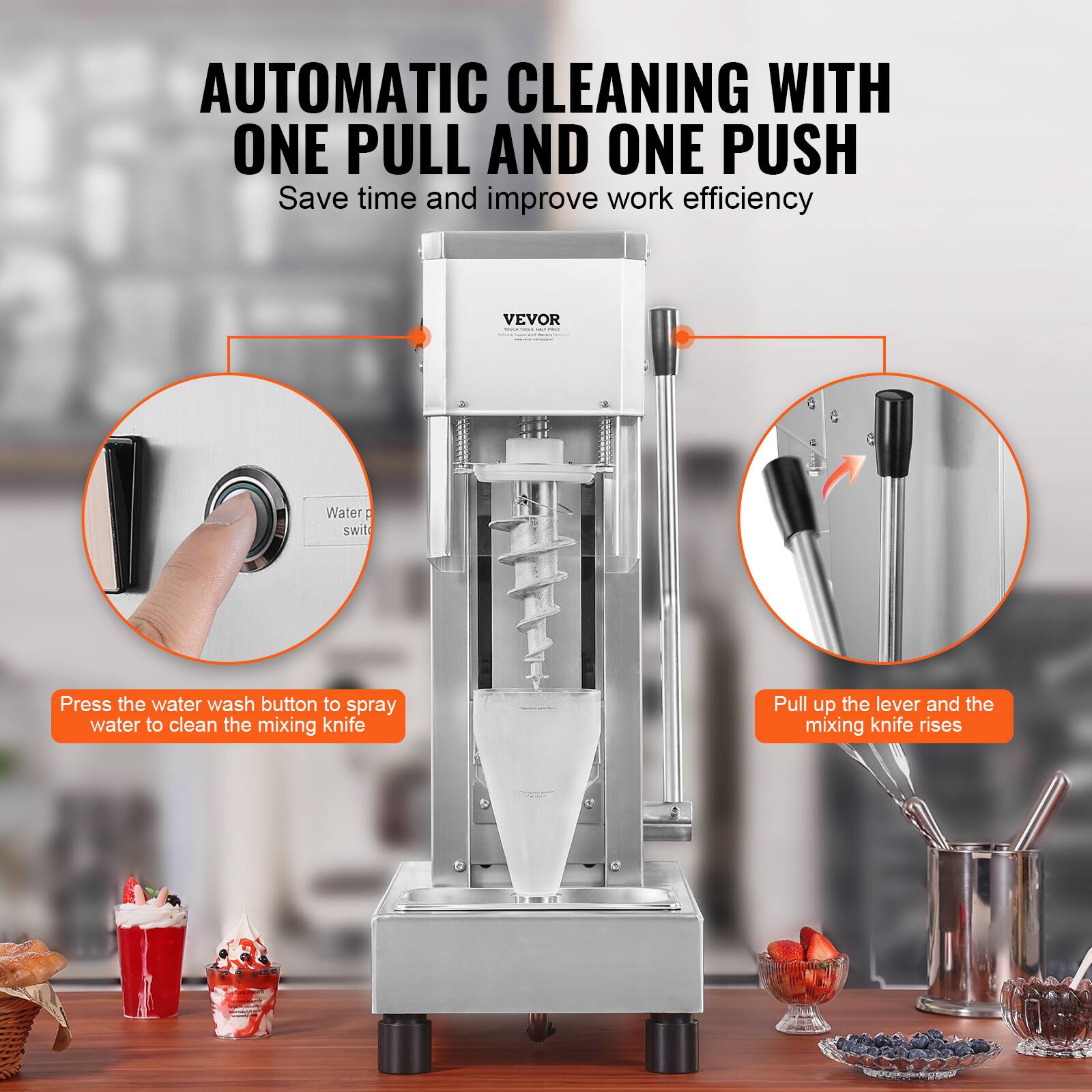AUTOMATIC CLEANING WITH ONE PULL AND ONE PUSH  
Save time and improve work efficiency

Press the water wash button to spray water to clean the mixing knife

Pull up the lever and the mixing knife rises