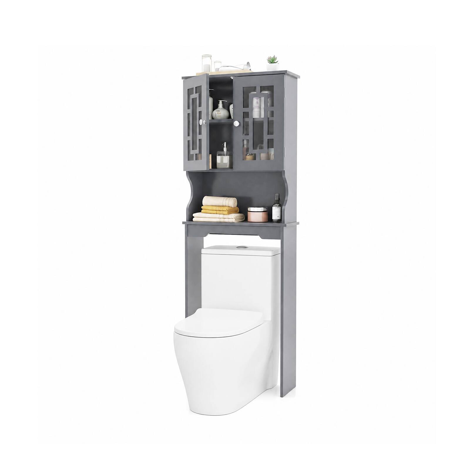 Gymax 67'' Over The Toilet Storage Cabinet w/ Adjustable Shelf Gray ...