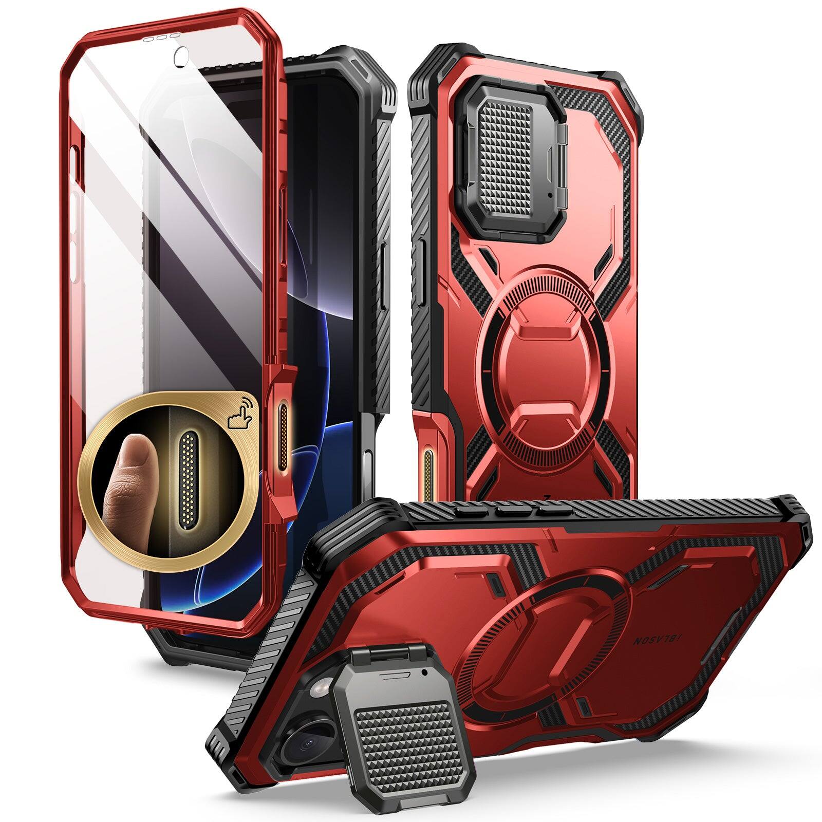 Angle. i-Blason - i-Blason Armorbox Case for iPhone 16 Pro – MagSafe, Kickstand, Screen Protector, Military-Grade - Metallic Red.