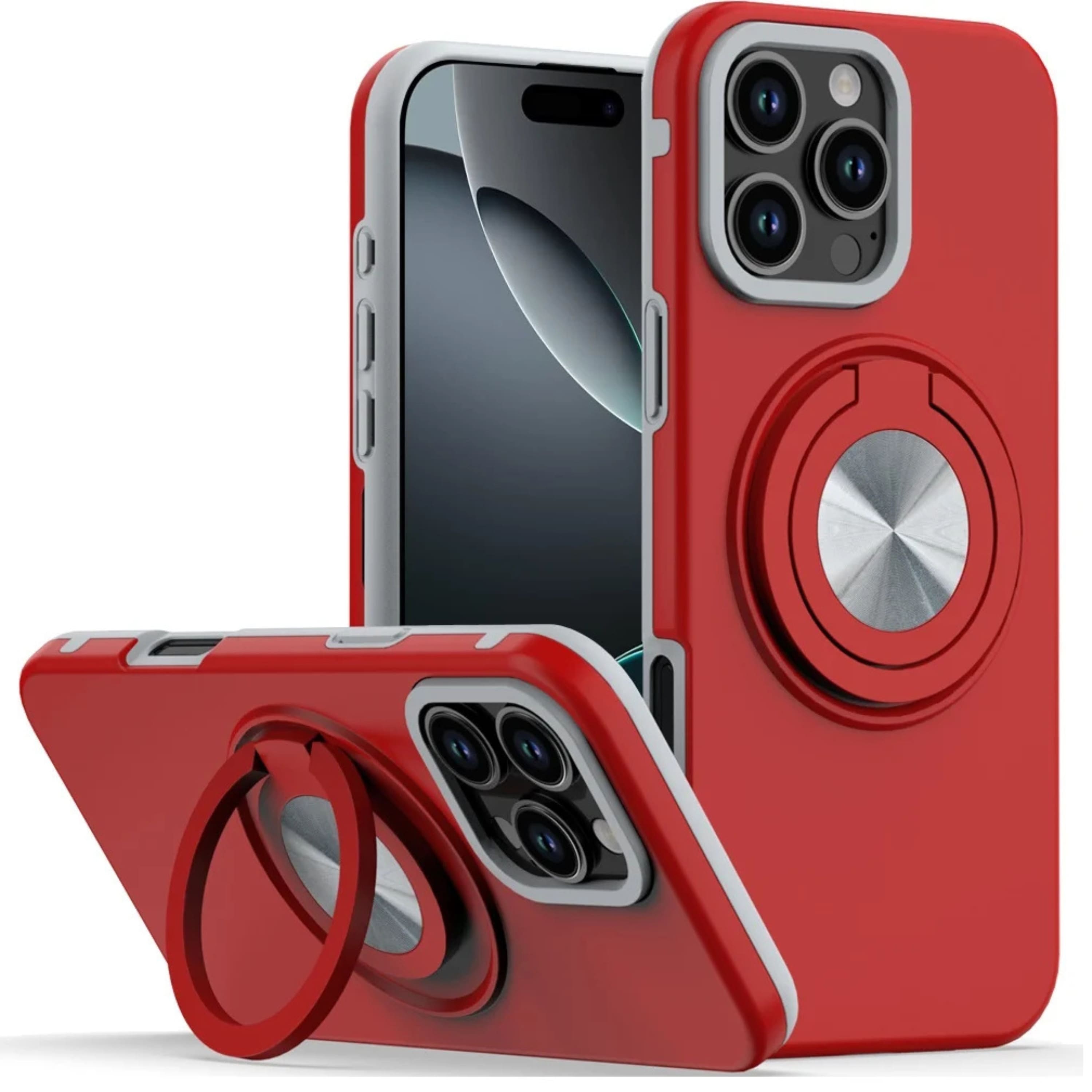Kitcheniva - Solid Shockproof Ring Stand Case With Tempered Glass For iPhone 16 Pro 6.3 Inch - Red price history on PriceWatchPro