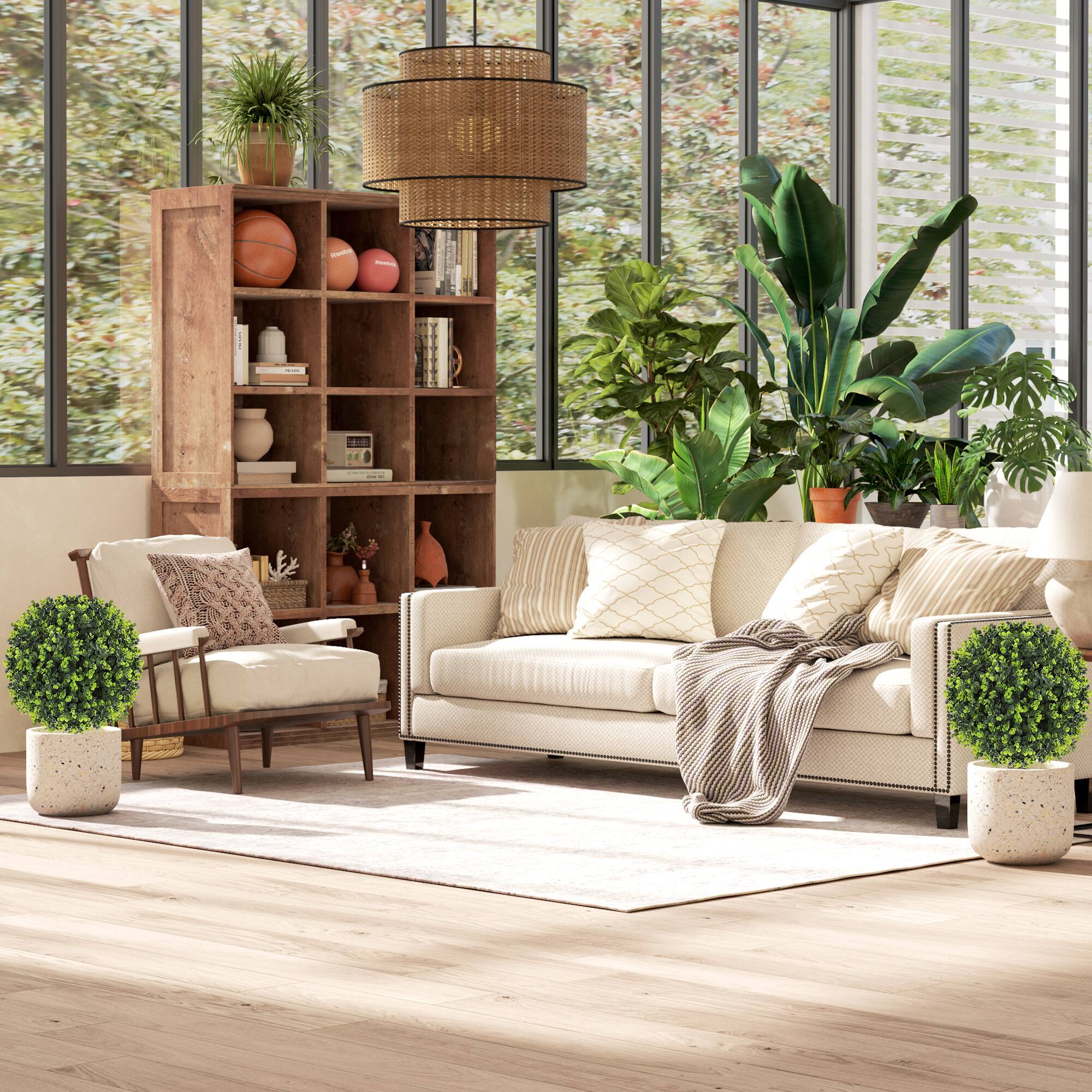 Alt View 8. Homcom - Outdoor Faux Plants Set of 2 Artificial Boxwood Topiary Ball Bush 15.7" with Integrated Ground Stake, Indoor Outdoor UV - Green.