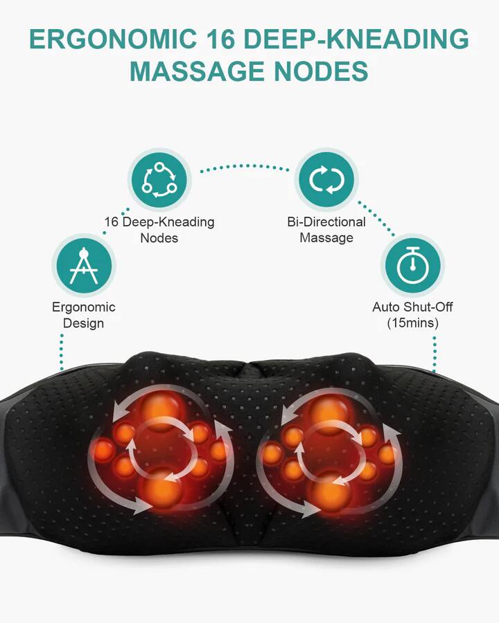 ERGONOMIC 16 DEEP-KNEADING MASSAGE NODES
16 Deep-Kneading Nodes
Bi-Directional Massage
Ergonomic Design
Auto Shut-Off (15mins)